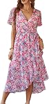 PRETTYGARDEN Robe d'été pour femmes Floral Boho Maxi Robe courte encolure V Col Ruffle longue plage fluo Robes d'invitées de mariage