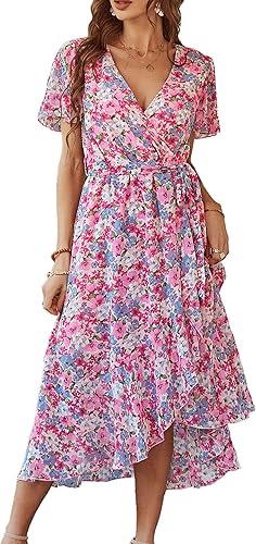 PRETTYGARDEN - Vestido floral para mujer estilo bohemio, cruzado, con cuello en V, manga corta, con cinturón, dobladillo con volantes, acampanado,