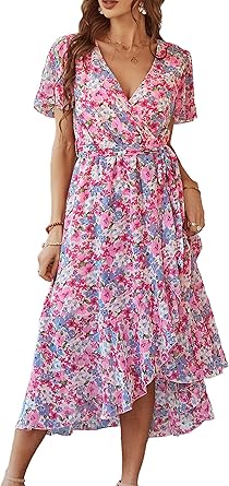 PRETTYGARDEN Women's Summer Floral Boho Maxi Dress Wrap Short Sleeve V Neck Ruffle A-Line Flowy Wedding Guest Long Dresses