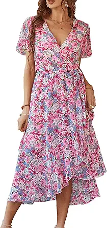 PRETTYGARDEN Women's Summer Floral Boho Maxi Dress Wrap Short Sleeve V Neck Ruffle A-Line Flowy Wedding Guest Long Dresses