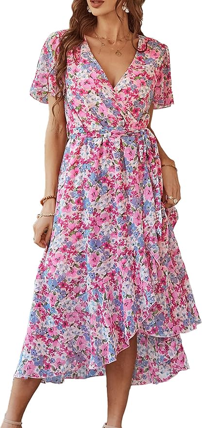 PRETTYGARDEN Women's Summer Floral Boho Maxi Dress Wrap Short Sleeve V Neck Ruffle A-Line Flowy Wedding Guest Long Dresses