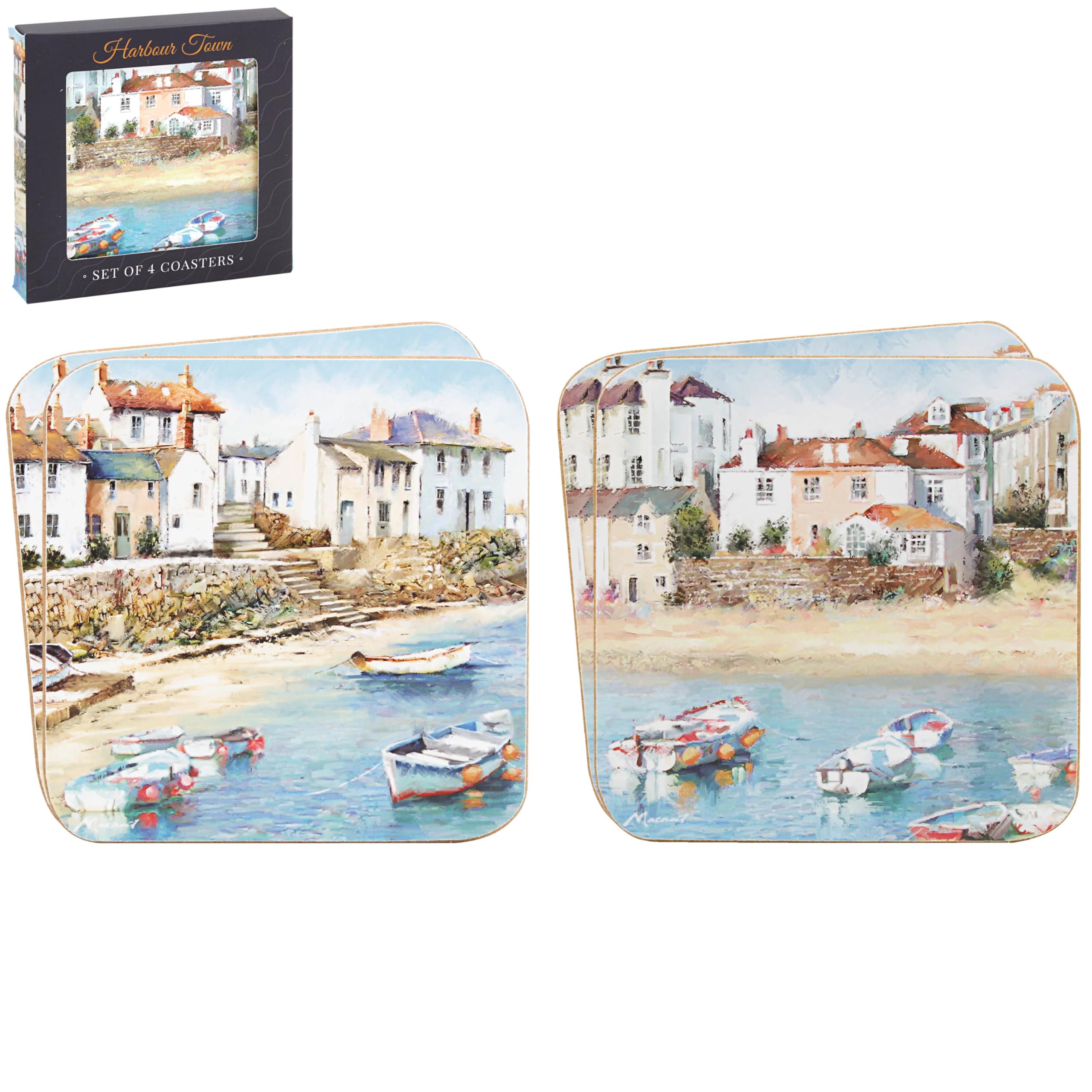 The Leonardo Collection Macneil Harbour Town Wood Harbour Town Coaster Set of 4 For Home & Office | Stylish Coasters For Kitchen & Dining | Durable Drinks Tabletops Accessories for Drinks & Tables
