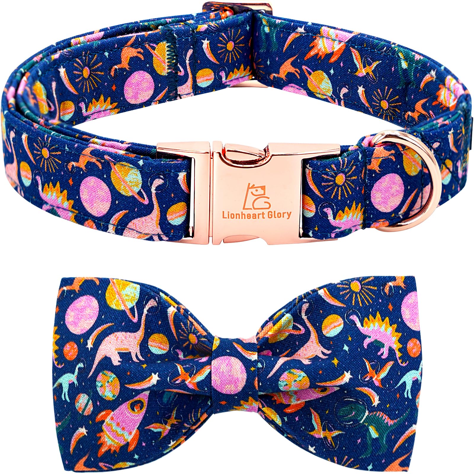 Lionheart glory Dog Bow Collar Dinosaurs Pattern Cute Collars for Large Dogs,Soft Duty Adjustable Dog Collar with Bowtie Spring Summer Puppy Collars