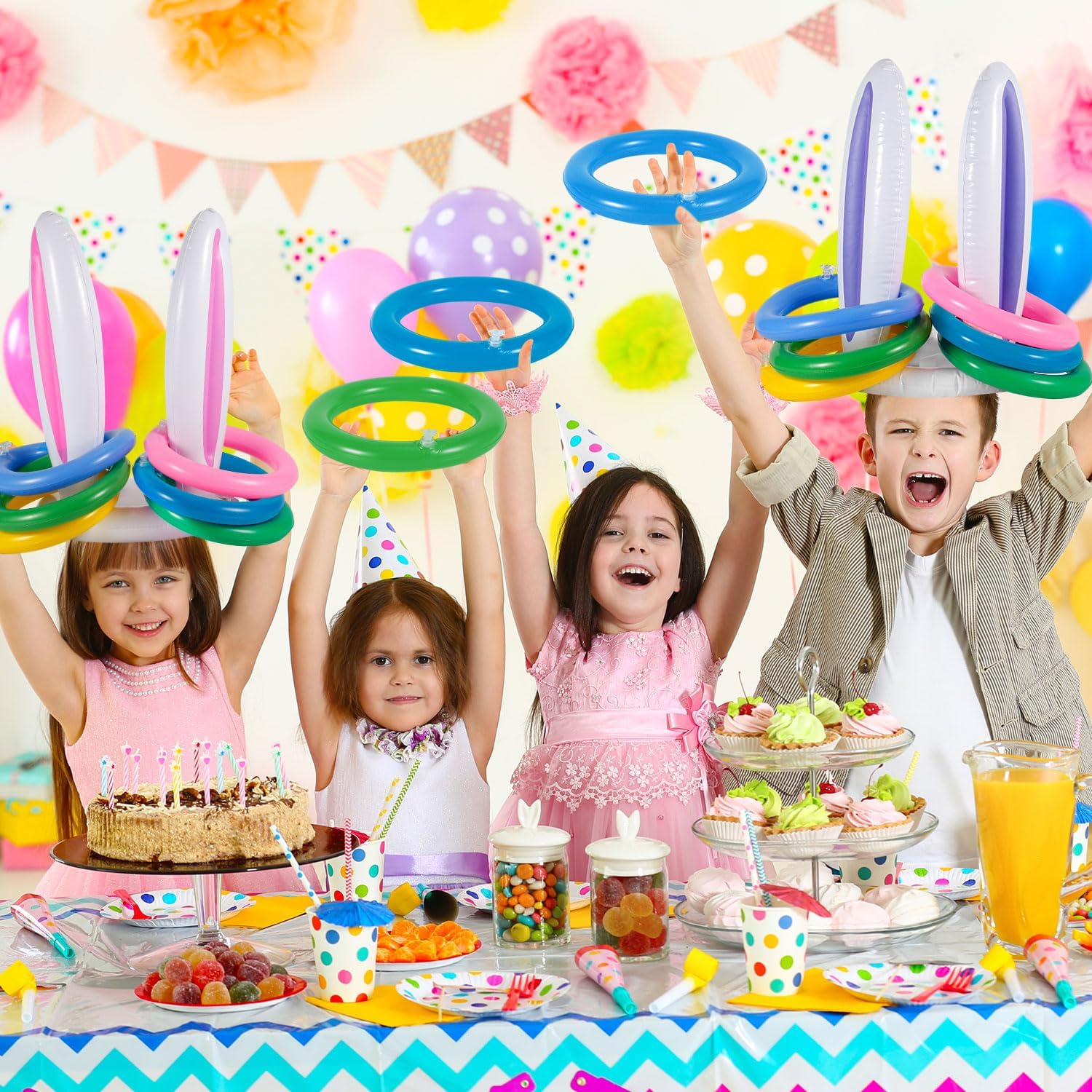 Jeu De Lancer De Pâques 5 Pièces - Lapins Gonflables Et Anneaux Pour Fêtes En Famille Et Enfants