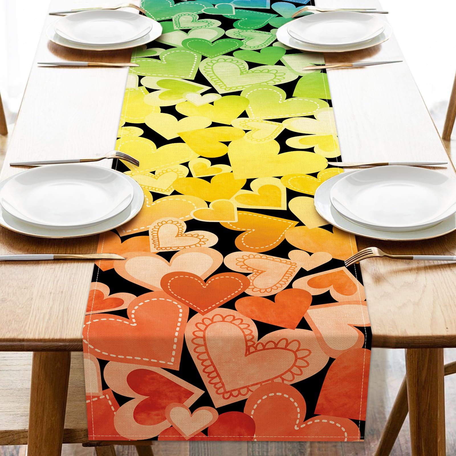 Seliem Rainbow Love Heart LGBTQ Pride Month Table Runner, LGBT Gay Lesbian Bisexual Pansexual Kitchen Dining Table Decor, Burlap Home Decoration Indoor Outdoor Party Supply 13 x 72 Inch