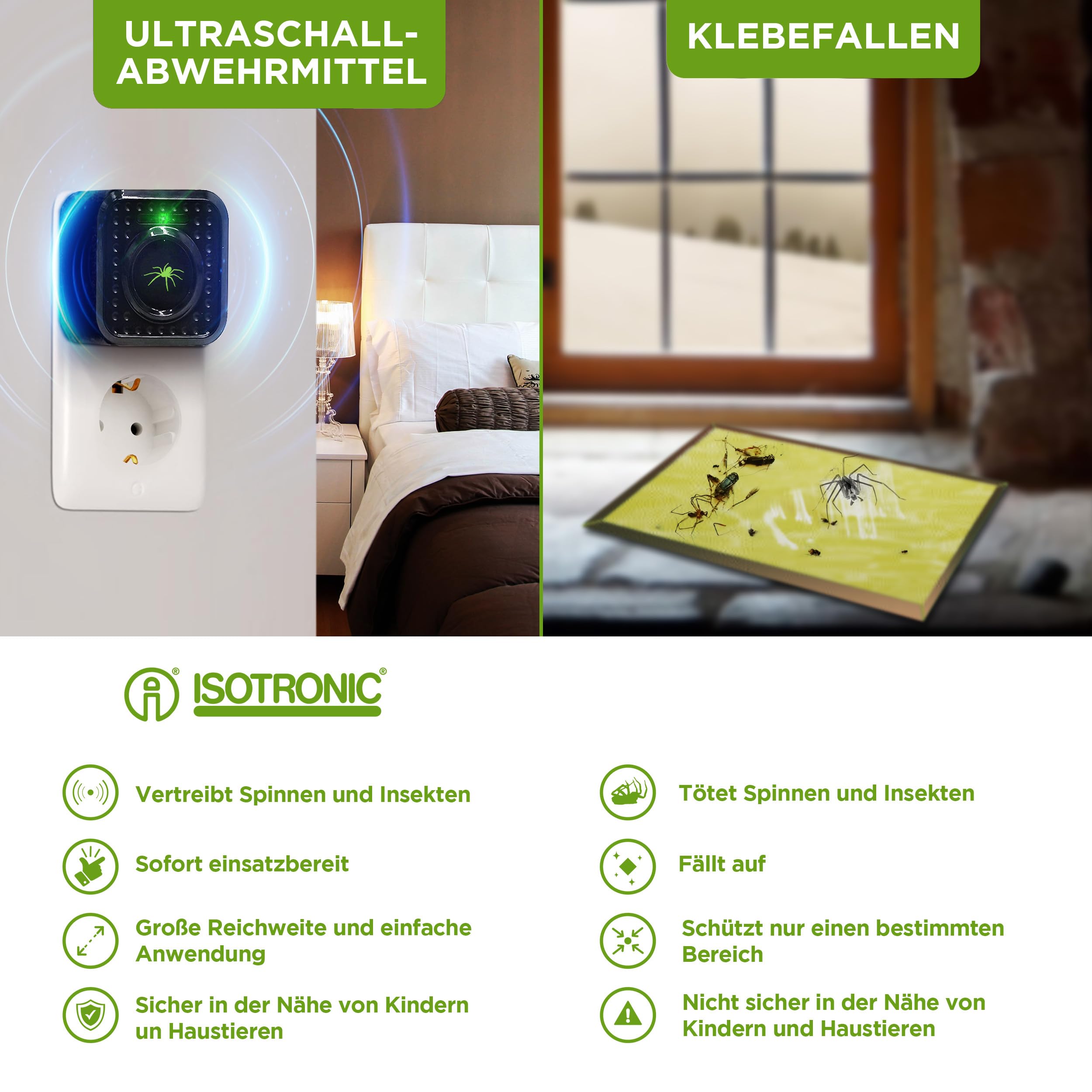 ISOTRONIC – Ultraschall Spinnenabwehr Stecker für Keller & Innenbereich – Spinnenvertreiber mit 30m² Wirkungsbereich (3 Stück)