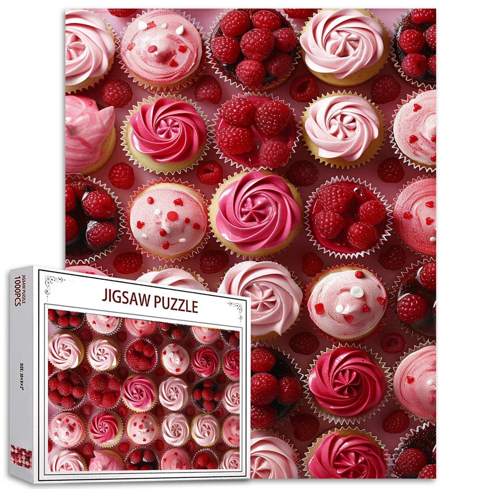 Cranberry Red Velvet Cake Jigsaw Puzzle,Sweet Cupcake 1000 Pieces Puzzle Featuring a Colorful Design,Food Challenging Jigsaw Puzzles for Adults Perfect for Family Fun Pink Girly Dessert Puzzle — image 1