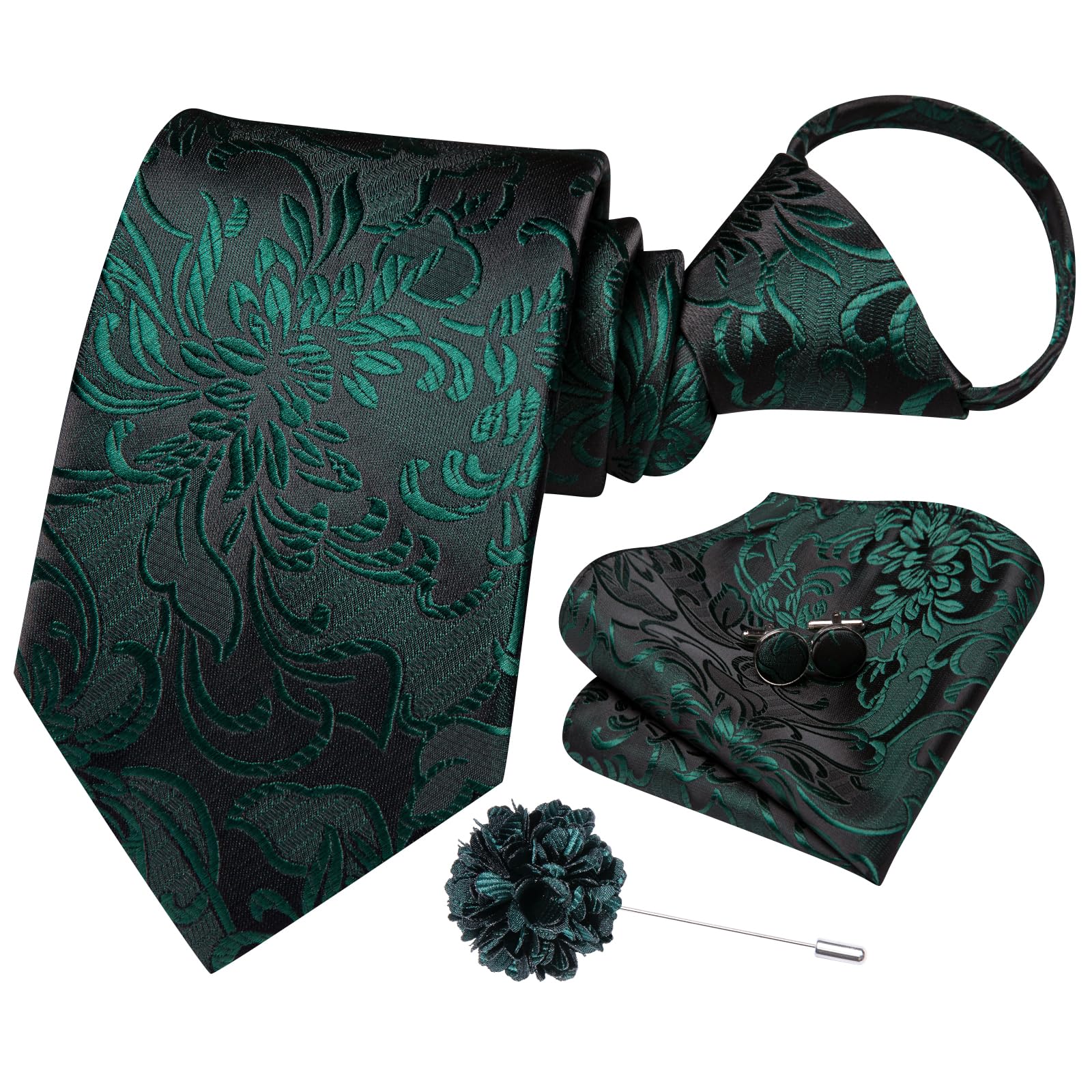 Hi-Tie Dark Green Ties For Men Pretied Silk Adjustable Floral Zipper Necktie Pocket Square Cufflinks Lapel Pin 4pcs Wedding Party Prom