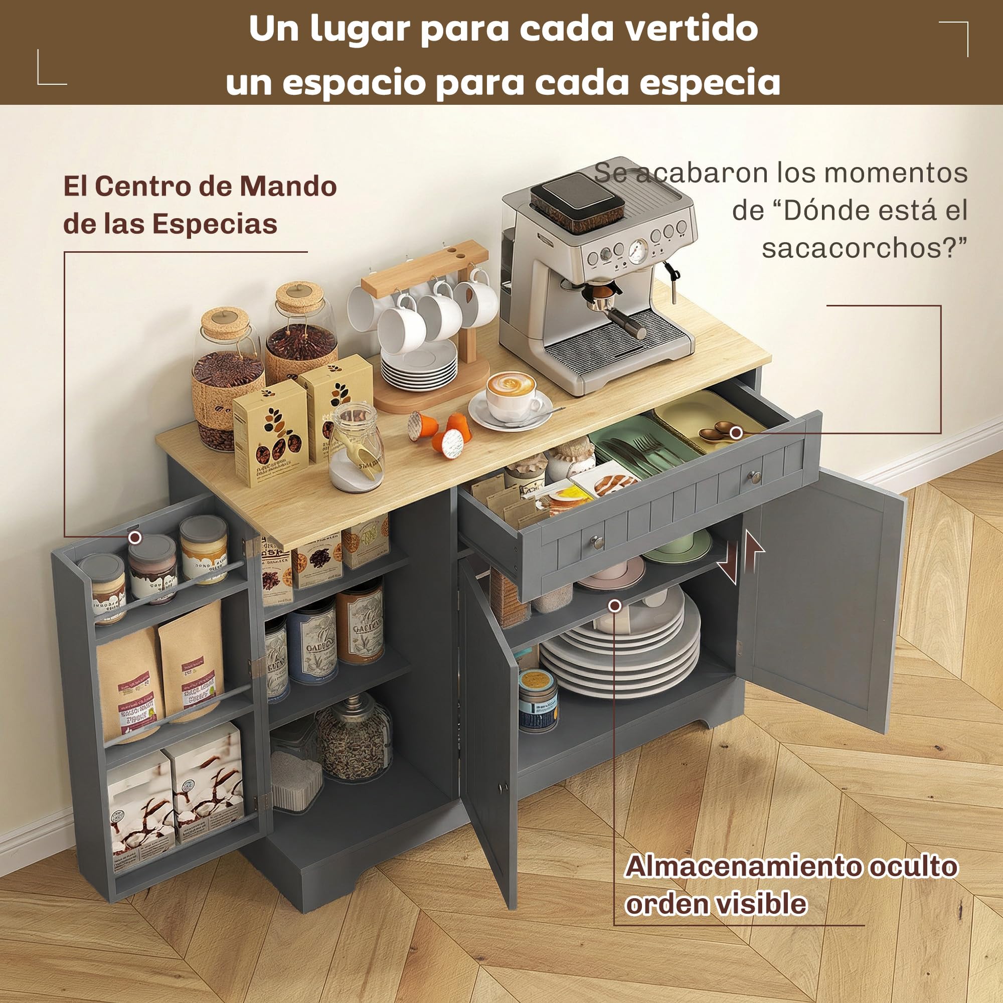 HOMCOM Aparador de Cocina, Armario de Cocina con 3 Estantes de Puerta, 1 Cajón, Estantes Ajustables, Aparador para Comedor, 105x40x83 cm, Gris