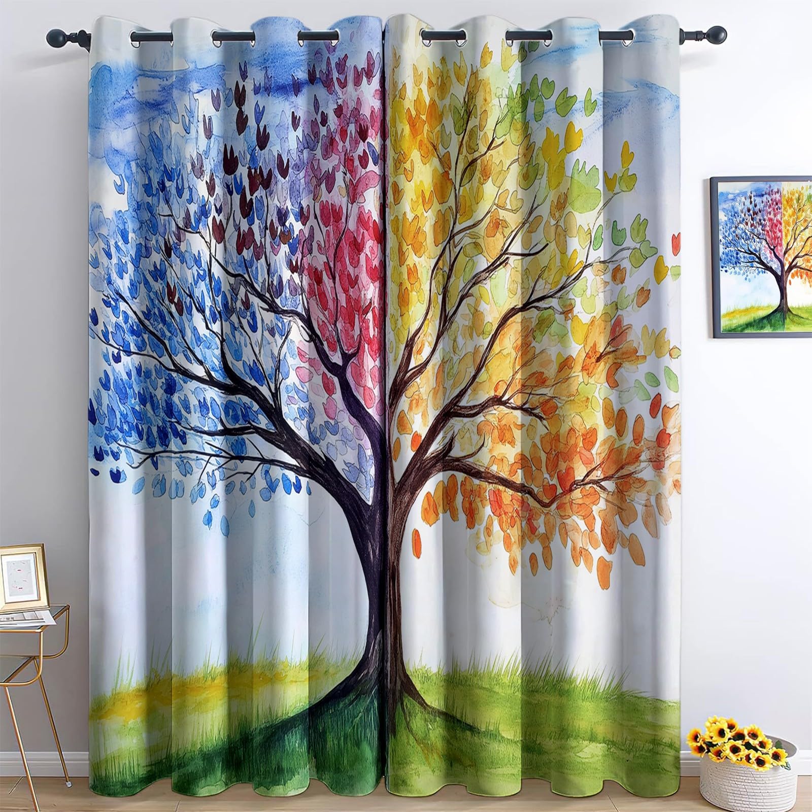 Cortinas Opacas 2 Piezas 75An x 166Al cm Plantas Fantasía Vistoso, Cortinas Opacas con Ojales Aislantes Térmicos, Cortinas con Estampados para Sala De Estar Dormitorio Cocina