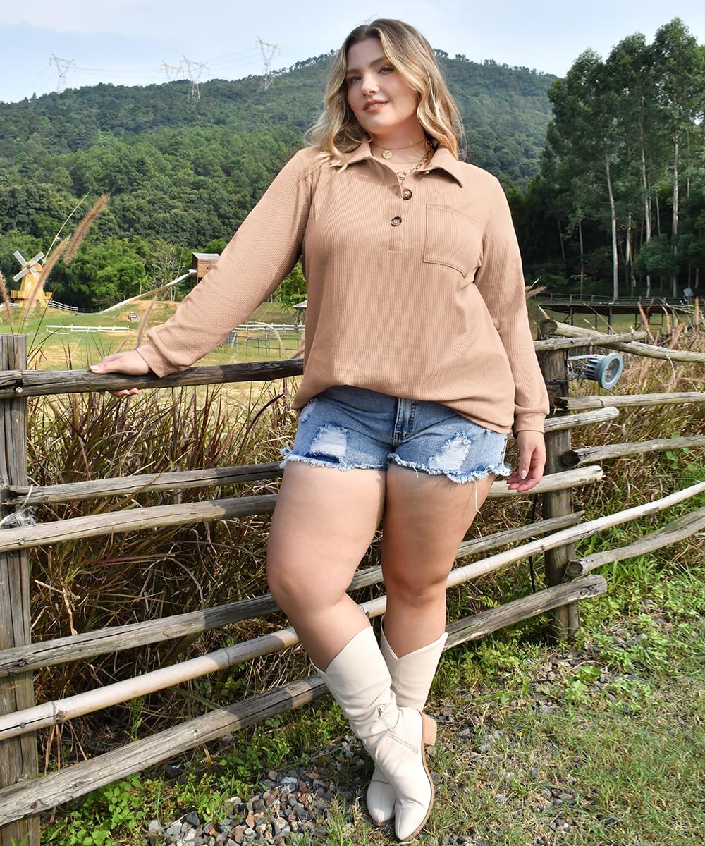 CARCOS Plus Size Tops for Women Waffle Knit Henley Shirts Long Sleeve Button V Neck Tunics Casual Solid Blouse with Pocket - Image 4