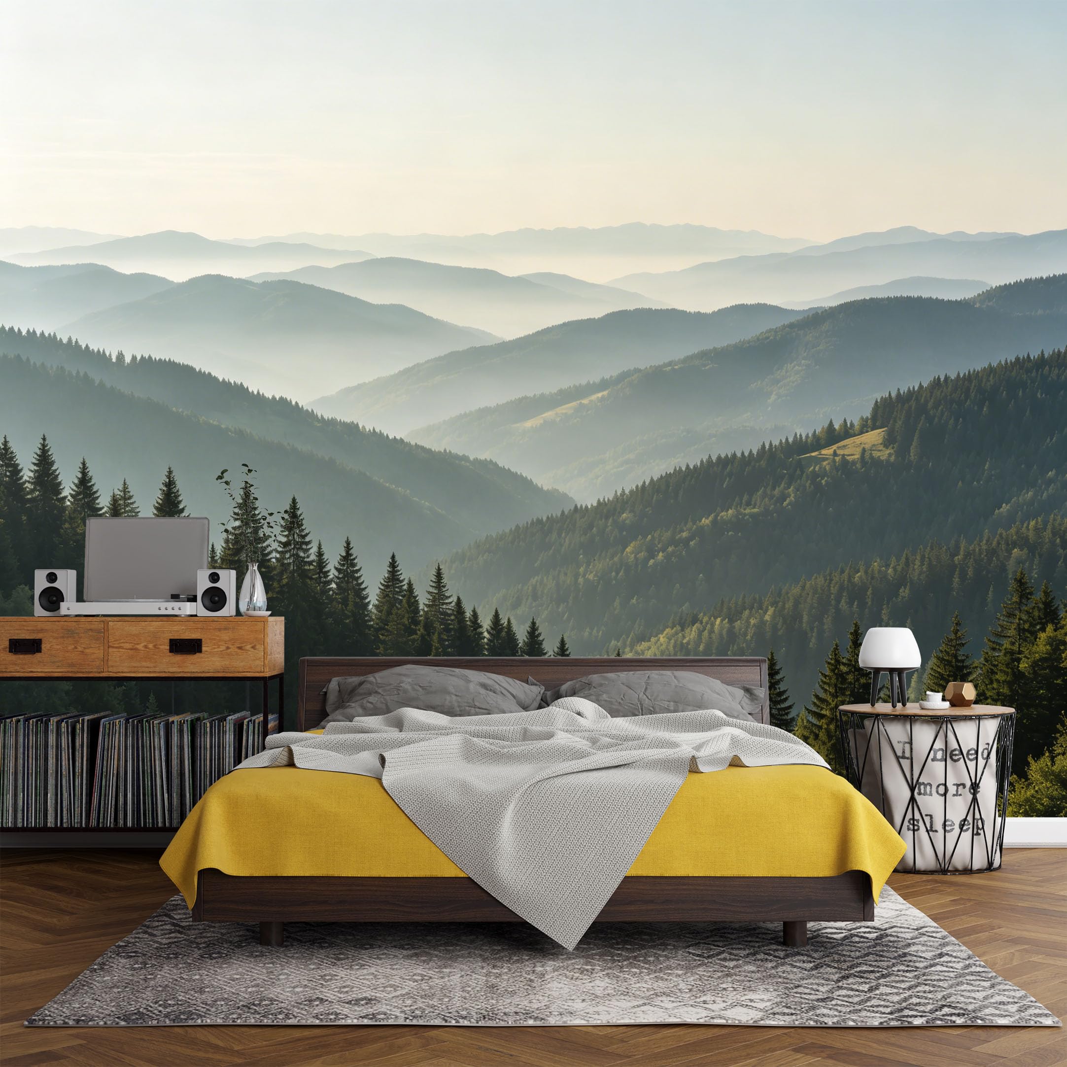 Custom Size Wall Mural， Mountain Lake Forest Landscape Misty Pine Hills Nature Scenery，SelfAdhesive Art Prints wall Fabric (No PVC) Removable Wallpaper Living Room Decor