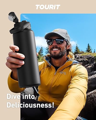 Miniatura 7 de TOURIT Botella de agua aislada de 40 onzas, botellas de agua deportivas de acero inoxidable con asa superior, botella térmica de viaje de doble Azul