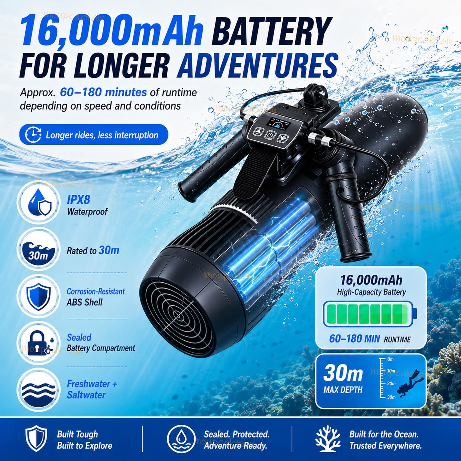 Scooter Submarino Para Buceo, 500 W, 9 Velocidades, Mando Remoto | 3-9 Km/H, Batería De 16000 Mah, Control Con Cable E Inalámbrico, Compatible Con Sup Y Kayaks Seleccionados