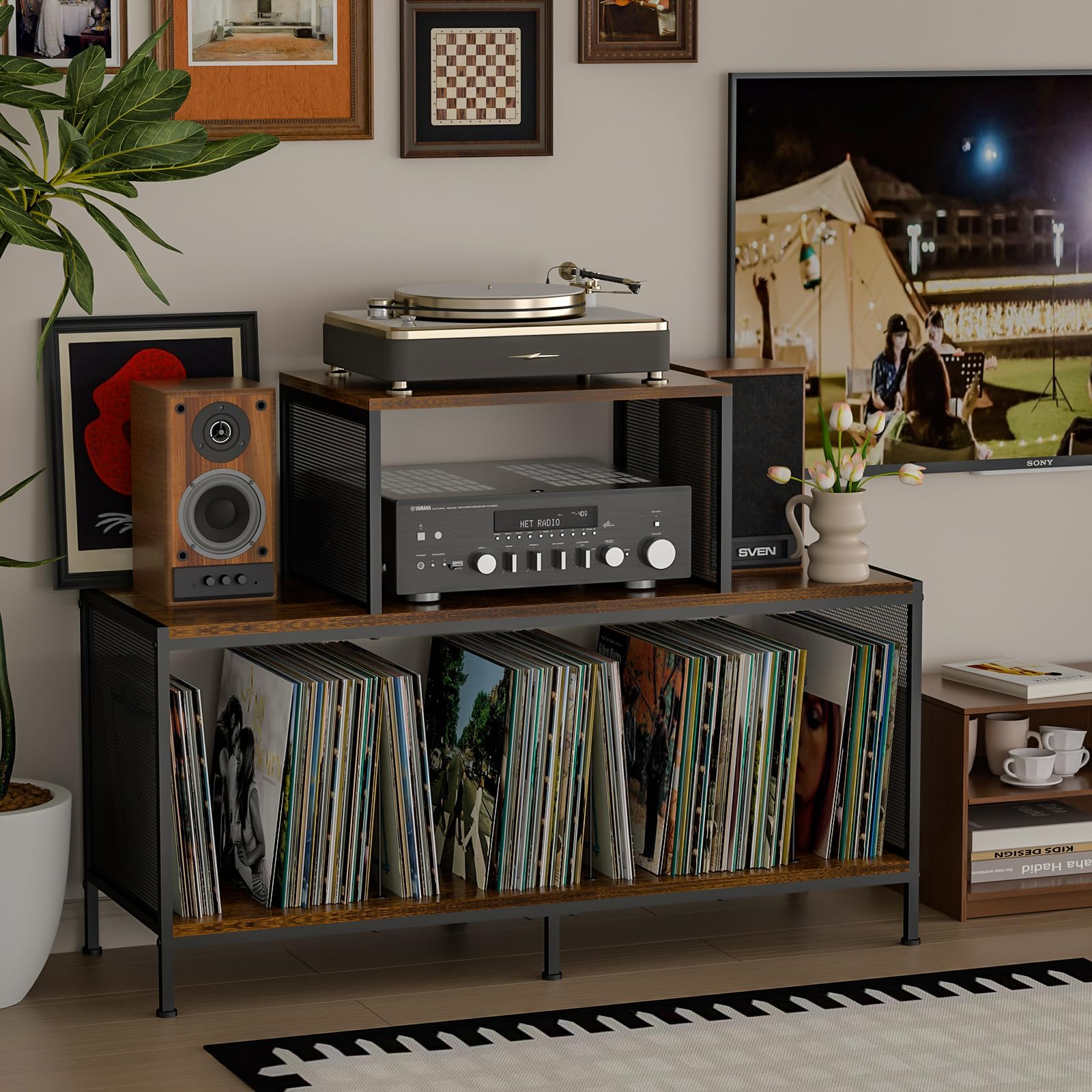 Sonyabecca Spazioso tavolino vintage per giradischi, contiene 150-250 album in vinile, divisori regolabili, aree di visualizzazione laterali, ideale per soggiorno, camera da letto, ufficio