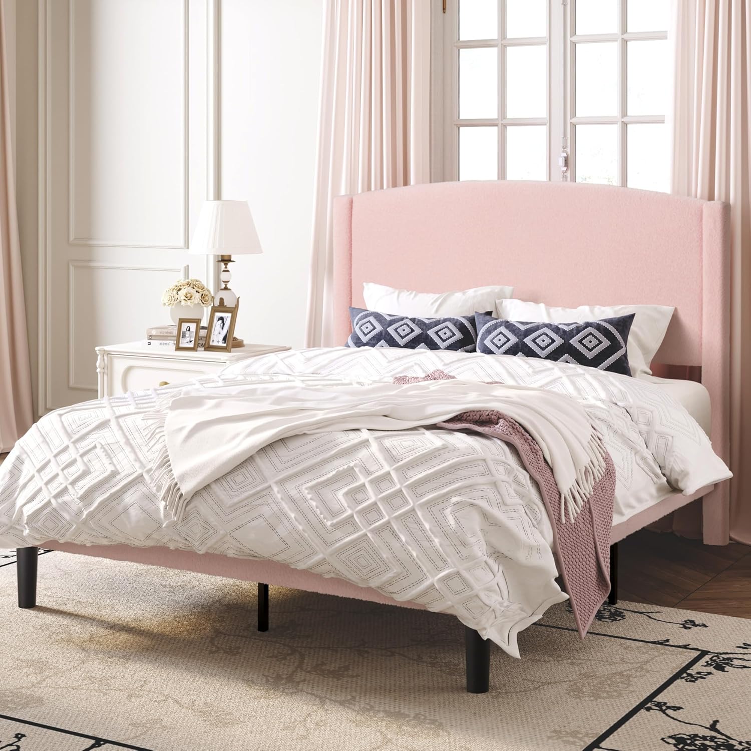 SHA CERLIN Queen Bed Frame with Soft Teddy Fabric, Boucle Upholstered Platform Bed, Curved Headboard Design, Wooden Slats Support, Noise-Free, No Box Spring Needed, Easy Assembly, Pink