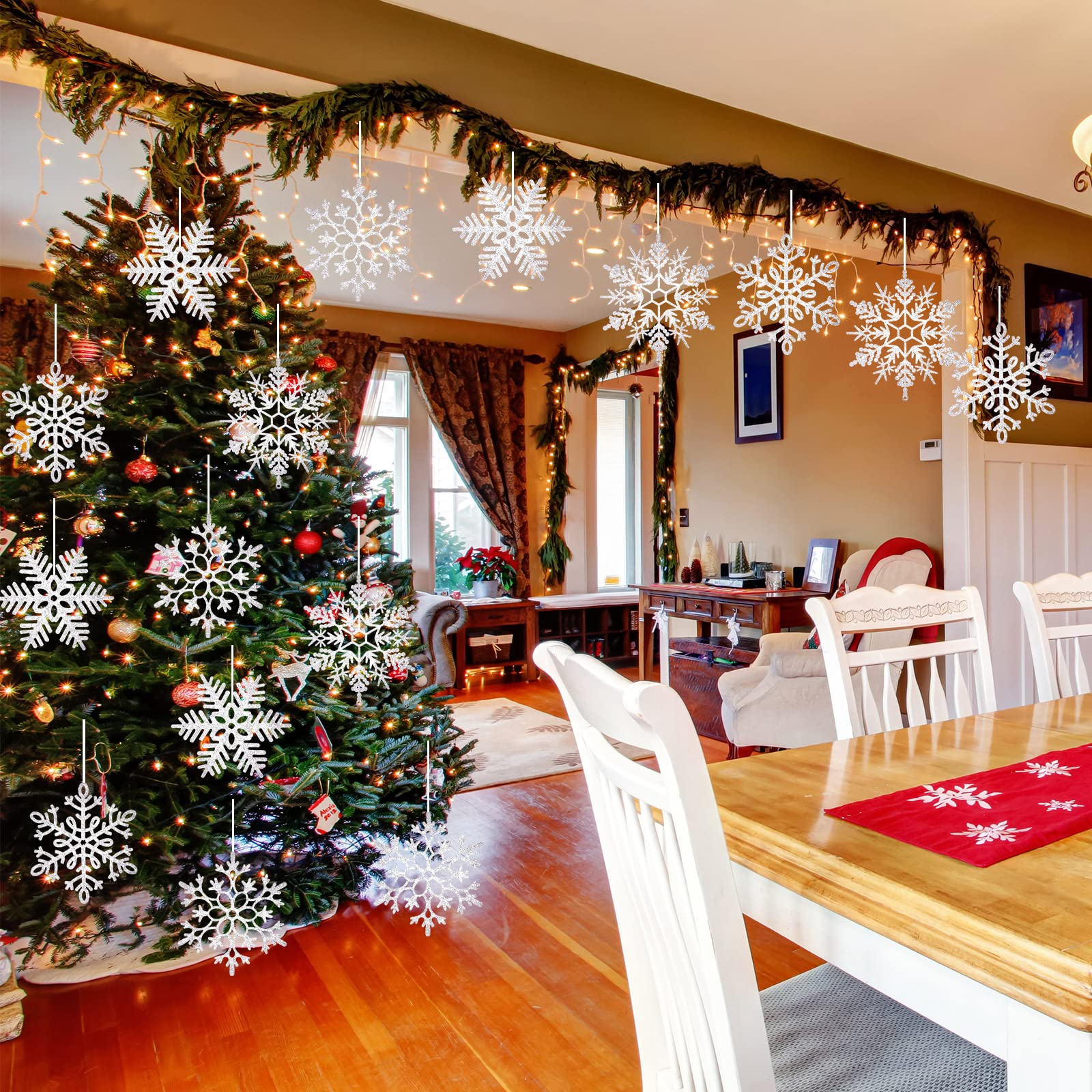 16 große weiße Schneeflocken, Weihnachtsschmuck, 30,5 cm, funkelnder Weihnachtsbaum, Schneeflocken, riesiger Kunststoff, Glitzer, hängende Ornamente, Weihnachten, Urlaub, Winter,