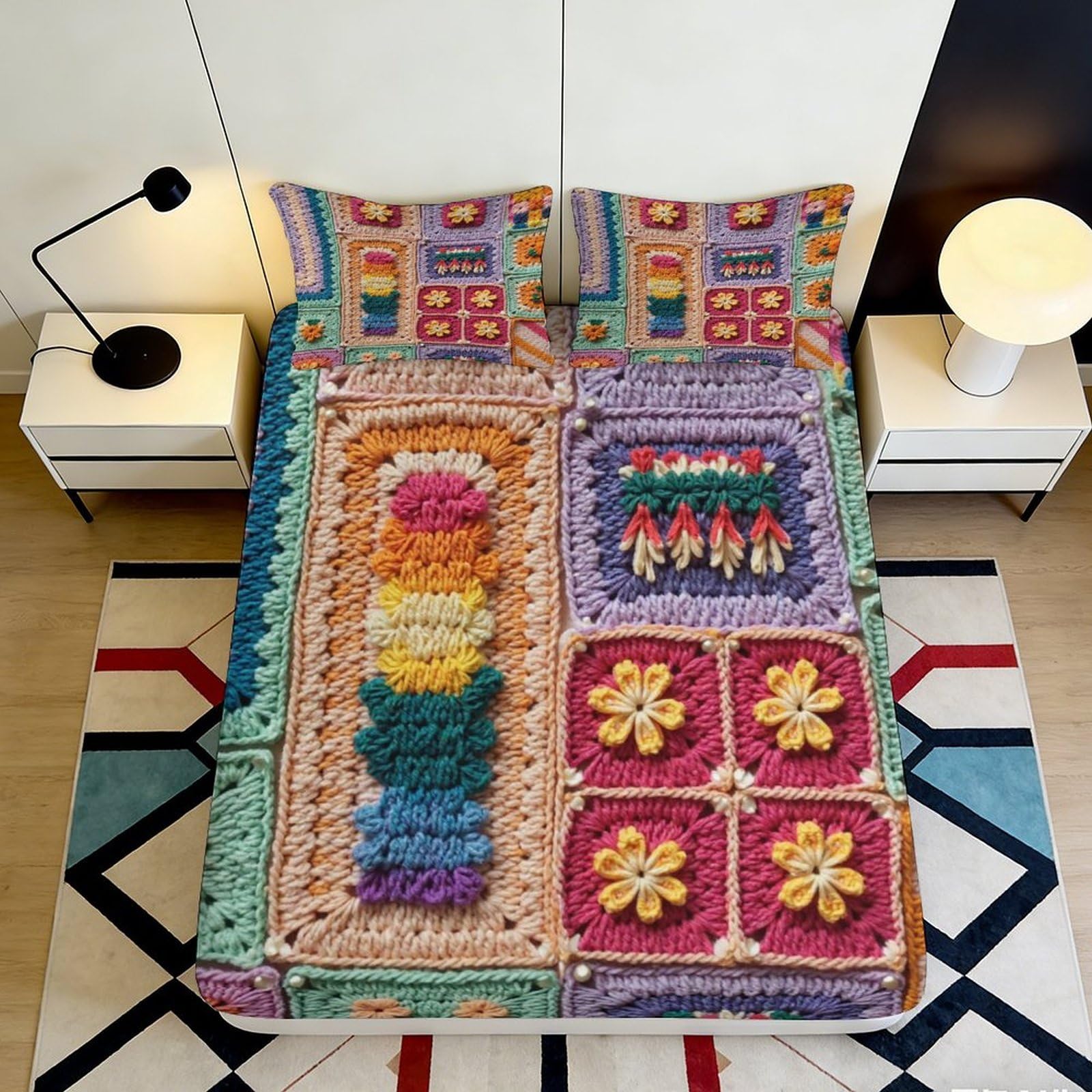Uxinyoume Style-1 3D Printed Patchwork Floral Fitted Sheet Microfiber Colourful Geometric Bed Cover For Bedroom Dorm Mattress Protection Decor 90X200x25cm
