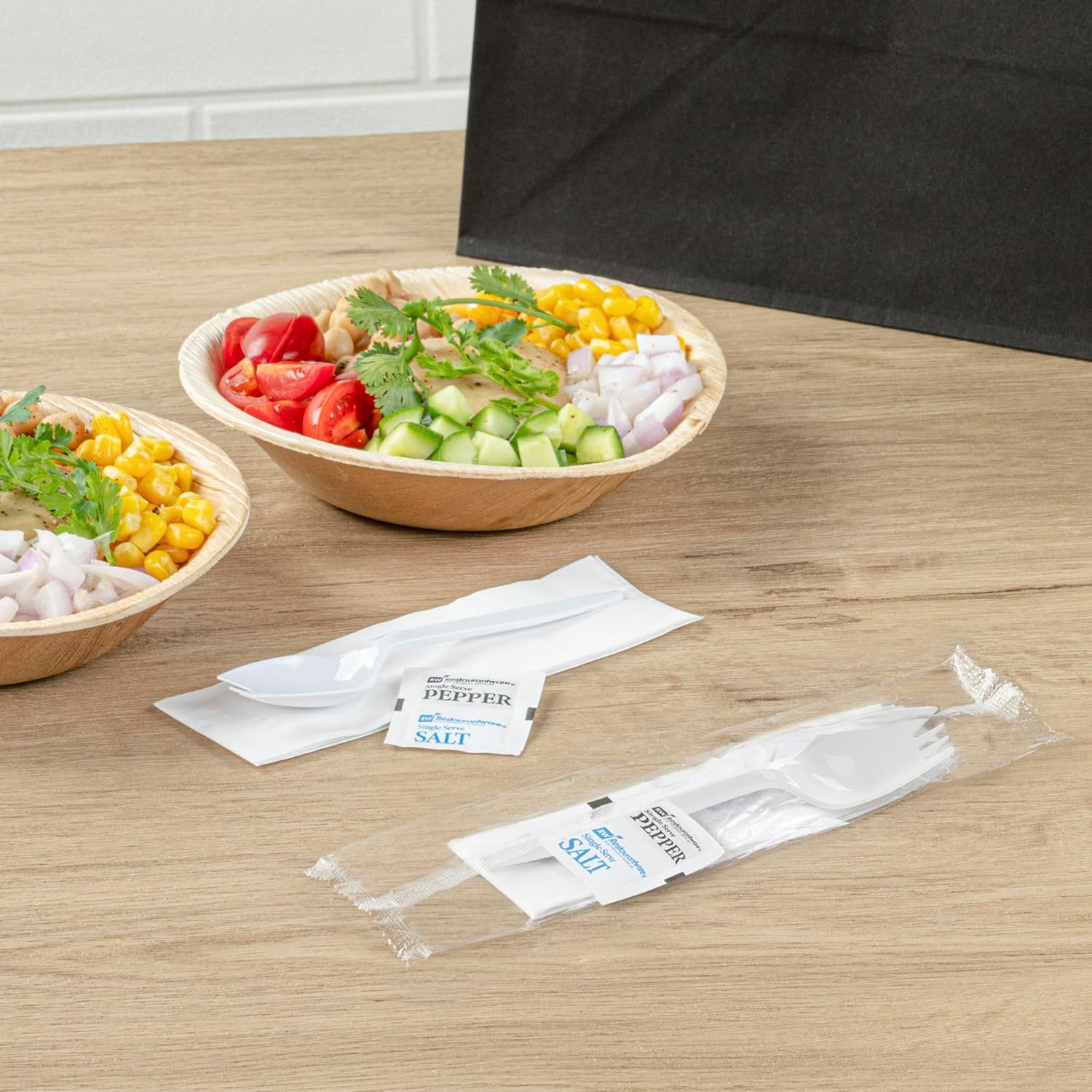 Restaurantware Plastic Spork Kit 500 Count 5.3 Inch Medium Weight Black Utensil Set Individually Wrapped Spork Disposable Cutlery Set With Napkin Compact Dining Kit White