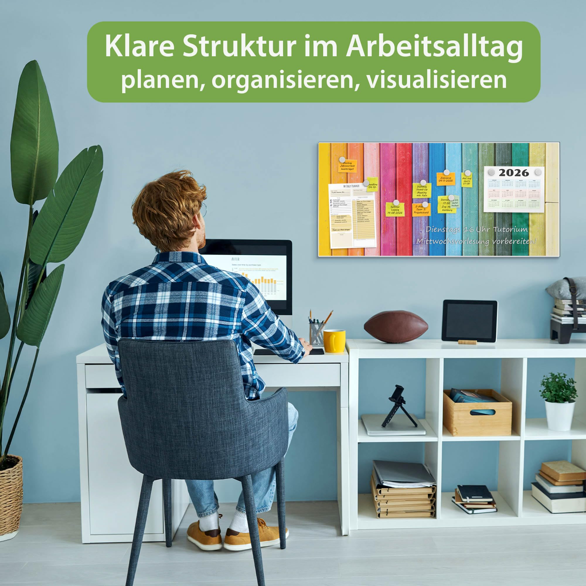 banjado Magnettafel Metall 78 x 37cm - beschreibbare Magnettafel - Metall Pinnwand als Memoboard - Magnetwand Küche, Büro, Kinderzimmer Weiß inkl. 4 Magnete & Montageset - Motiv Regenbogenfarben