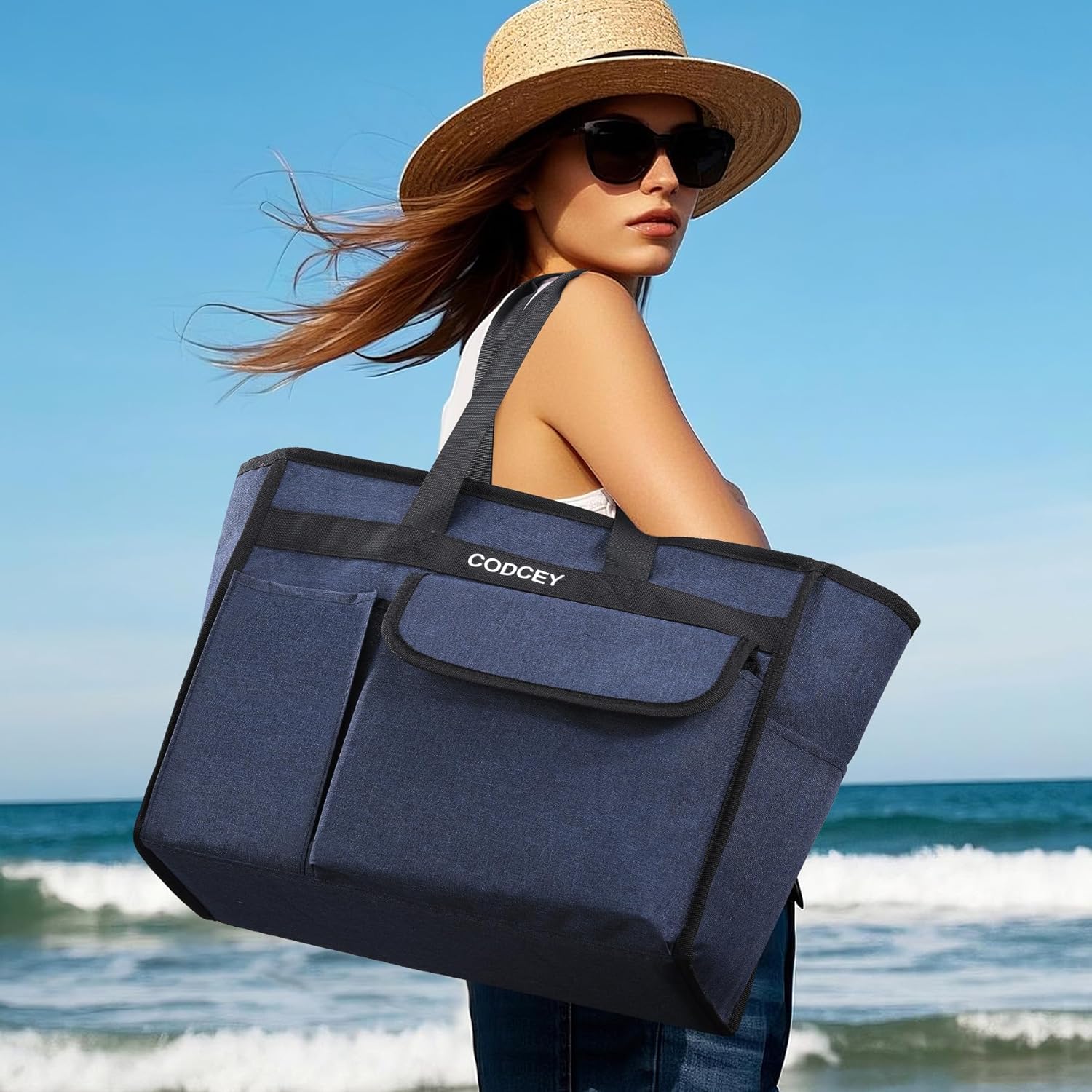 Codcey Large Utility Tote Bag with Reinforced Bottom, Waterproof Multi Pockets Beach Tote Bag for Travel, Work, School - Image 3