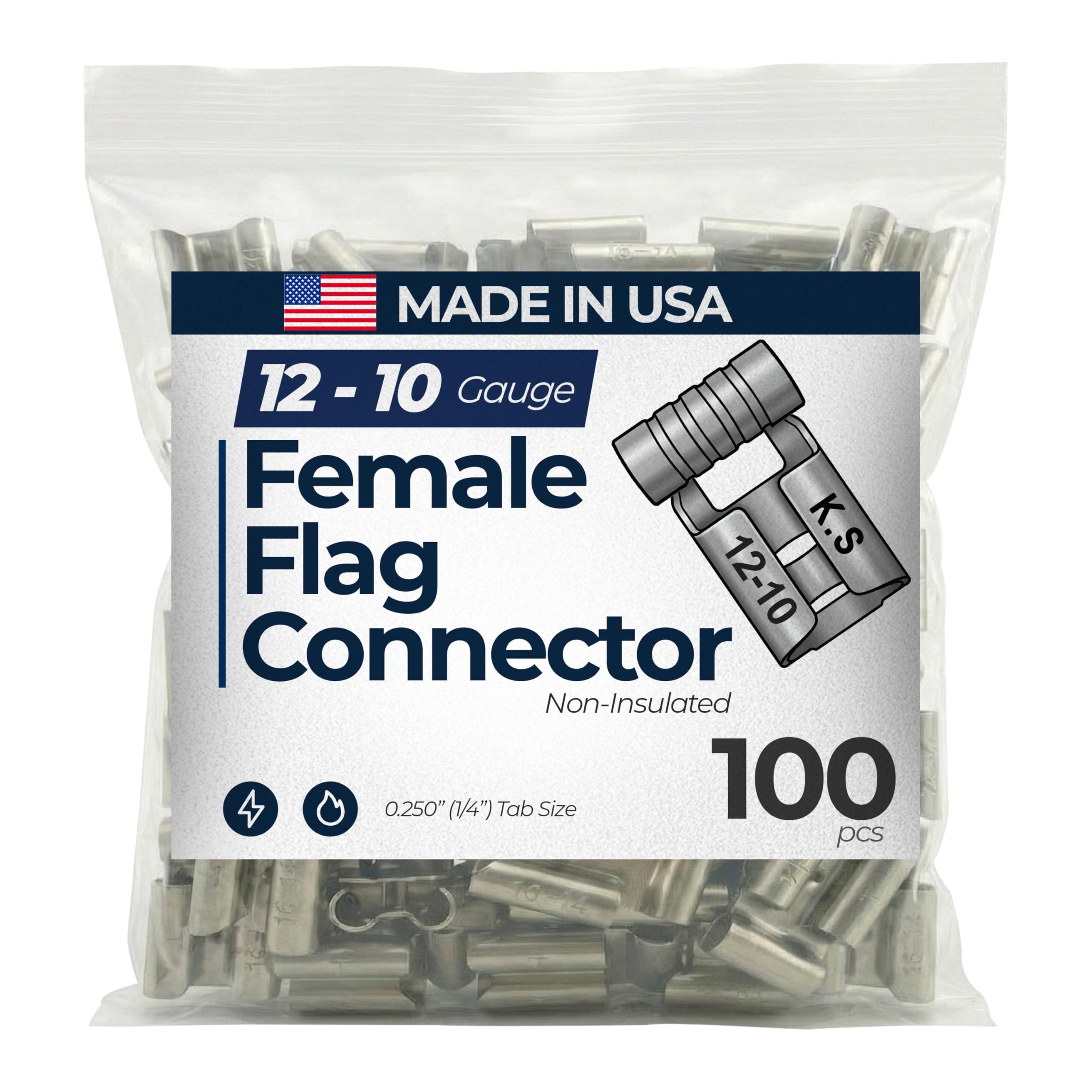 100 connettori per cavi elettrici non isolati, calibro 12-10 AWG, calibro .250 (1/4 di pollice), connettore a crimpare a sgancio rapido, prodotto negli Stati Uniti