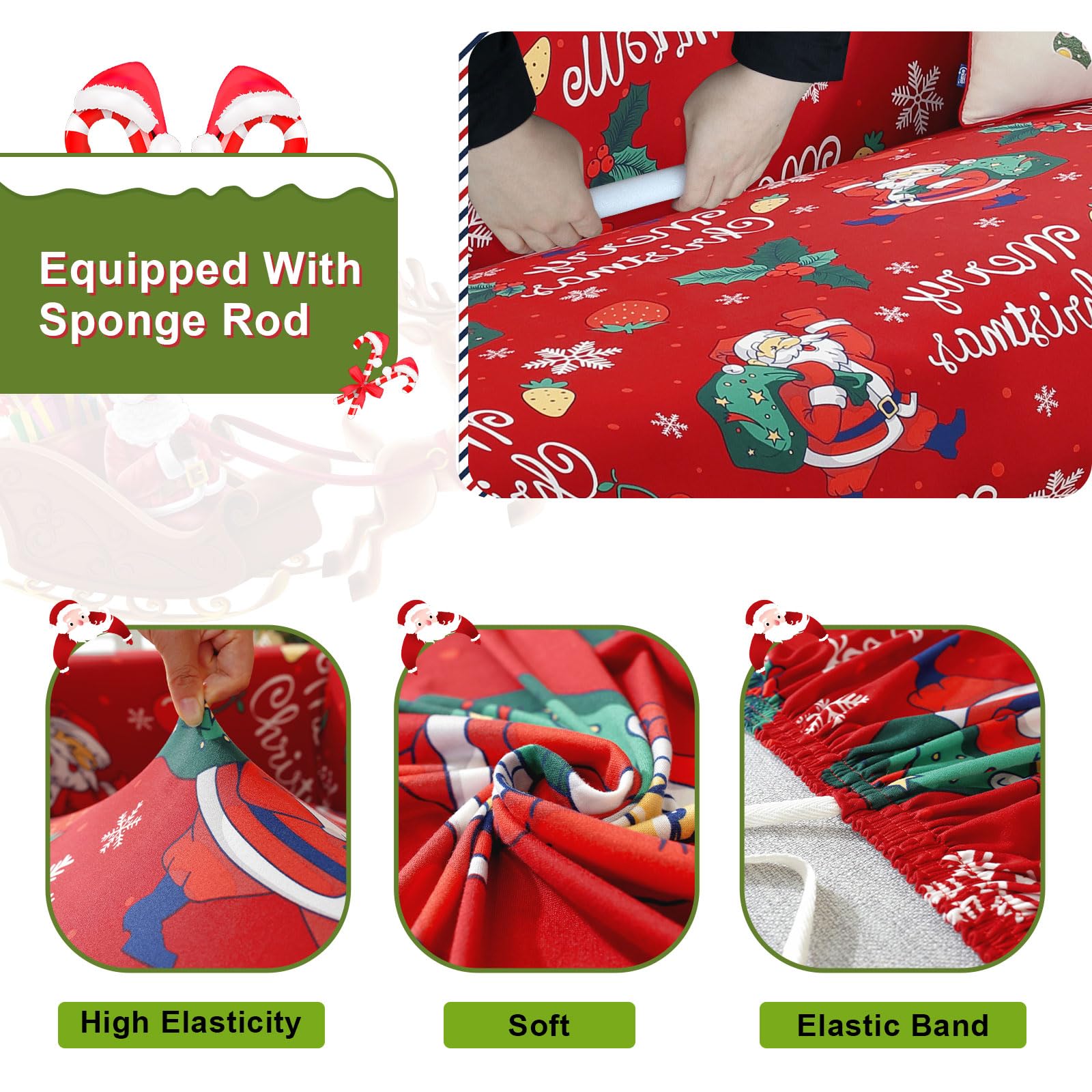 FIGOOO Copridivano Natalizio Elasticizzato 2 Posti Copridivano con Braccioli a Stampa Elemento Natalizio Copridivano Fantasia Lavabile Spandex Fodera per Divano,Ciliegia