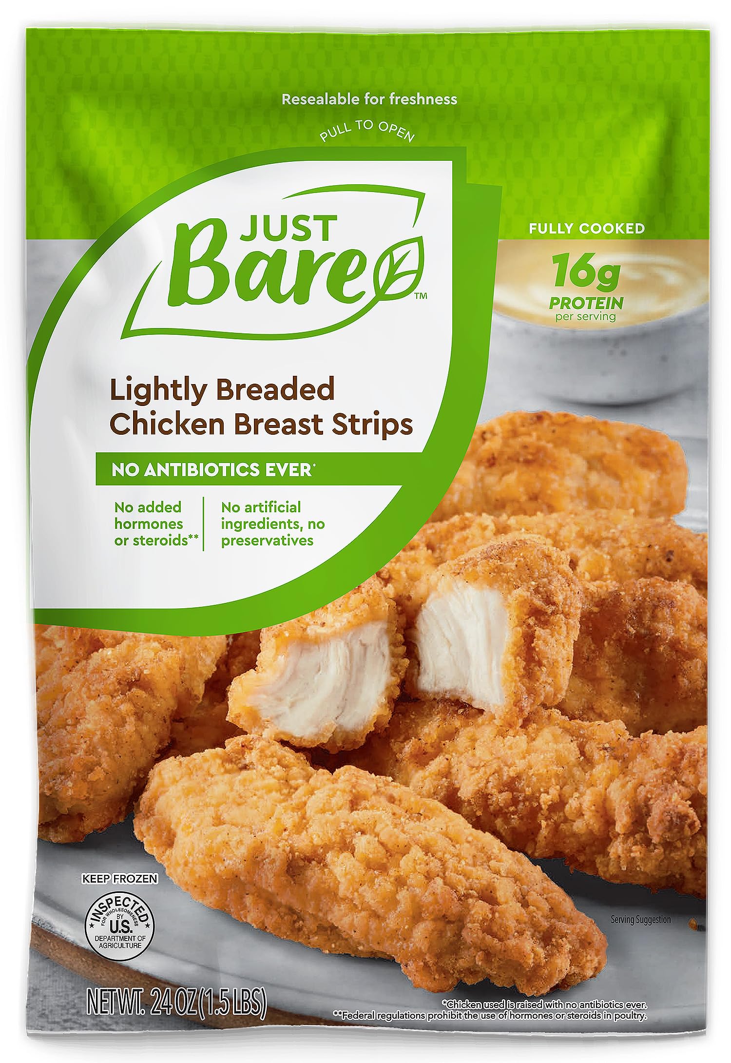 Just Bare® Chicken Lightly Breaded Breast Strips | Fully Cooked | 16G Protein | Frozen |1.50 LB