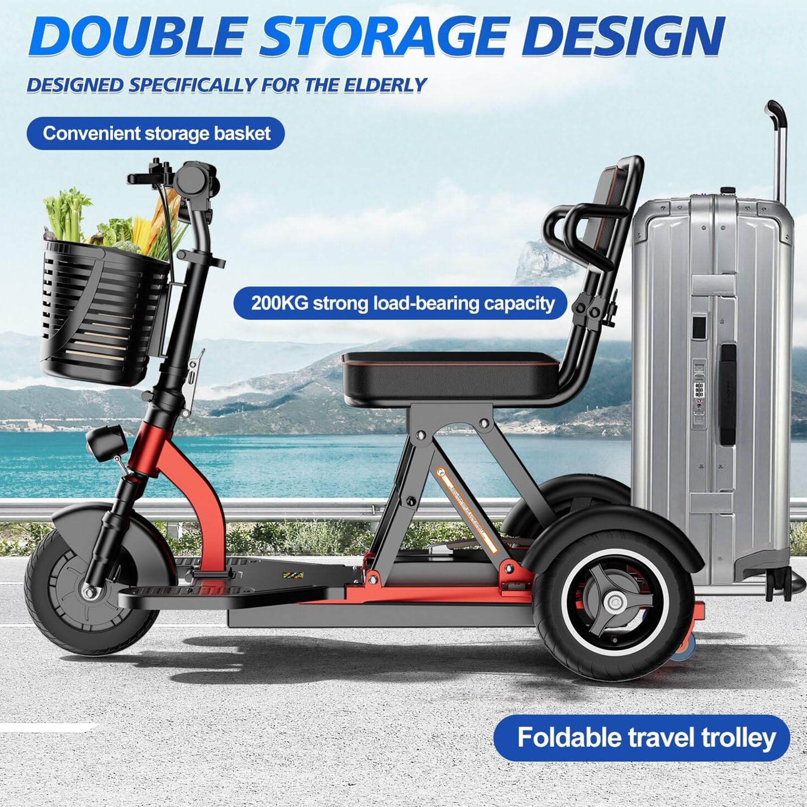 Scooter De Movilidad Eléctrica Plegable,Scooters para Personas Mayores,Scooter De Viaje Portátil,Scooters Eléctricos Para Adultos Scooter Equipada con batería de litio de alta capacidad de 20 Ah(Rojo)