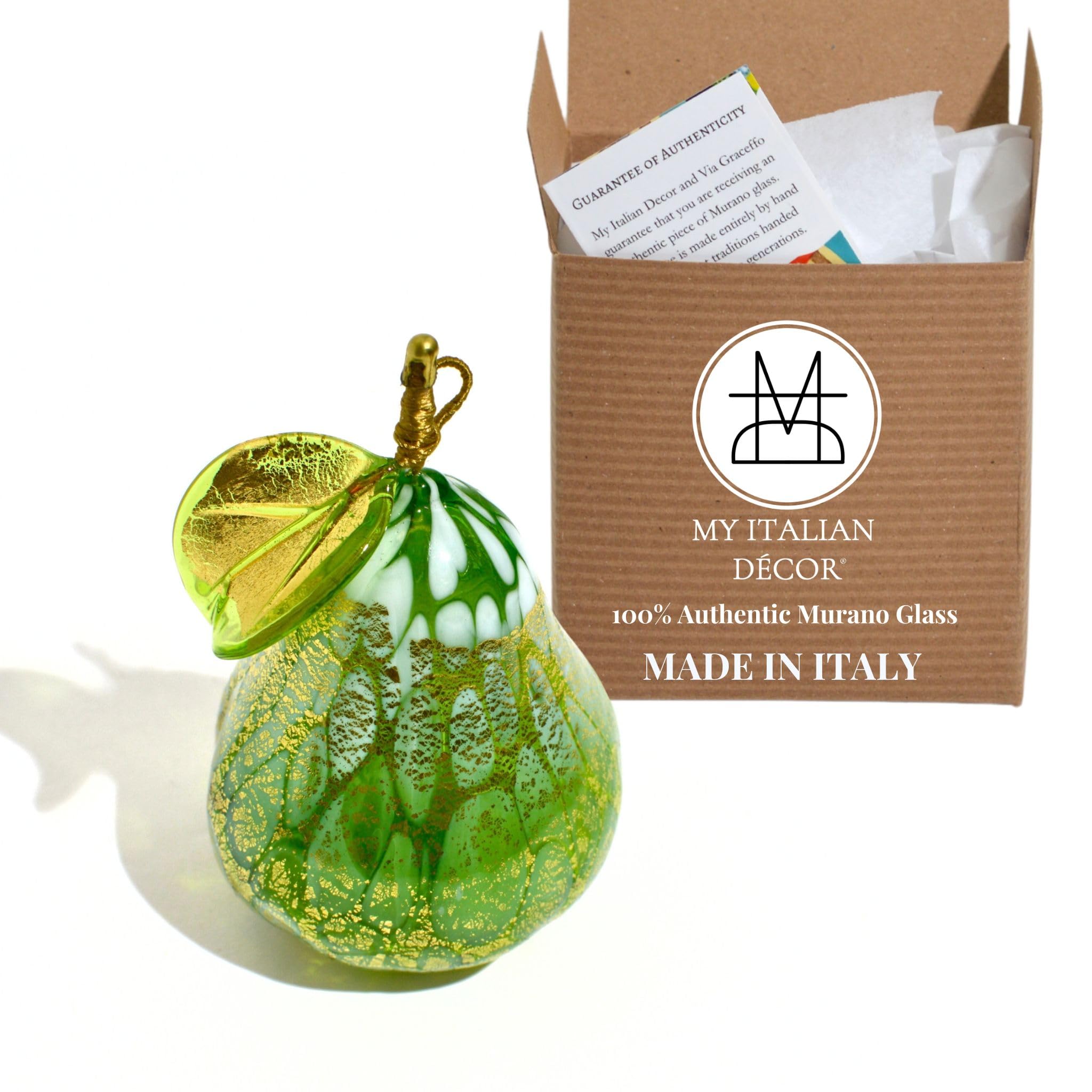 Murano Glass Spotted Green Pear Ornament, 3" Tall, 1PCS, Fruit Ornaments for Christmas Tree, Fruit Decor, Decorative Fruit, Faux Pear Fruit Christmas Ornament, Made in Italy