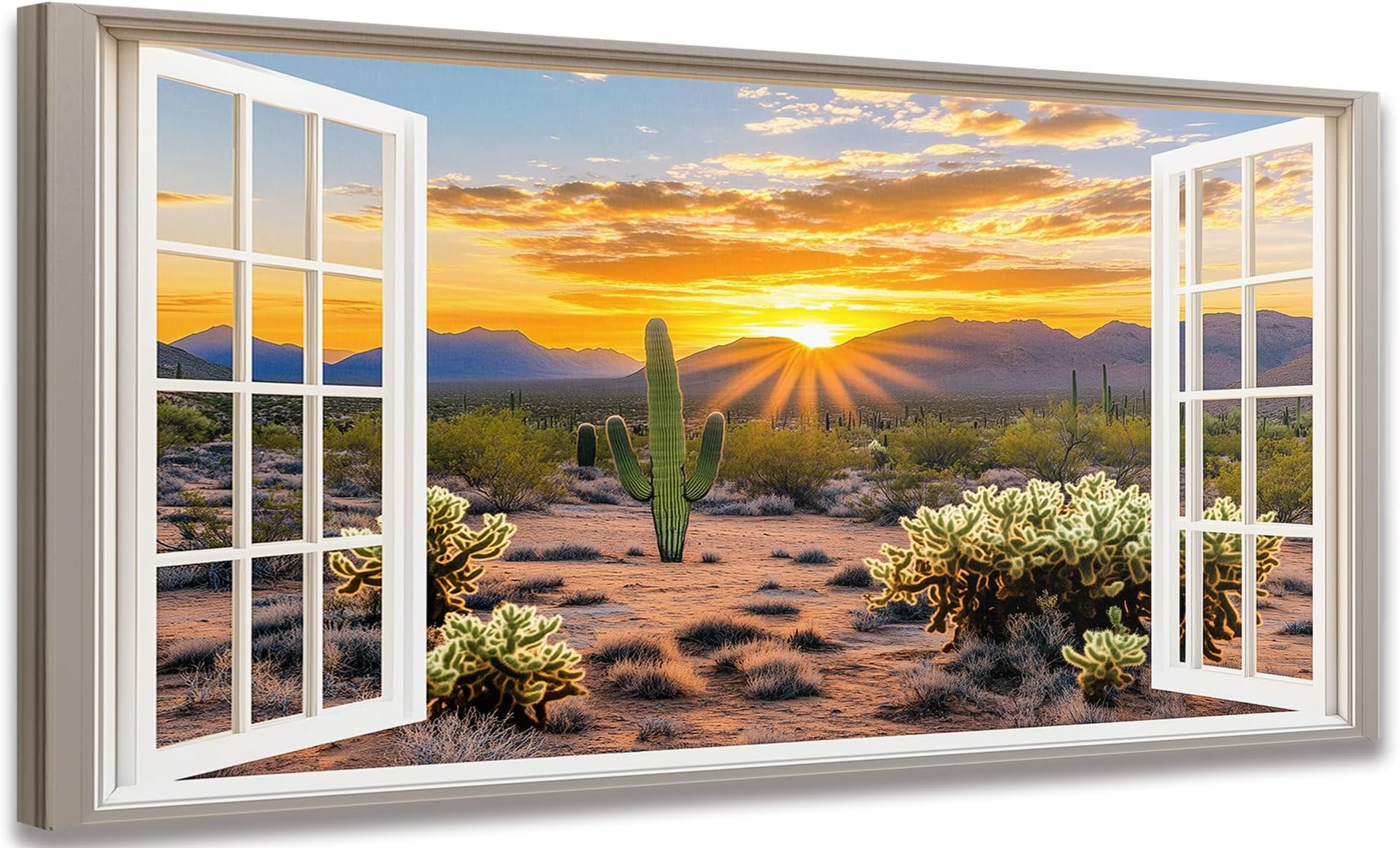 Desert Sunset Window View Wall Art Framed Cactus Landscape Canvas Print Large Southwestern Mountain Artwork for Living Room Bedroom Office Home Decor 12x24in Large frame wall art