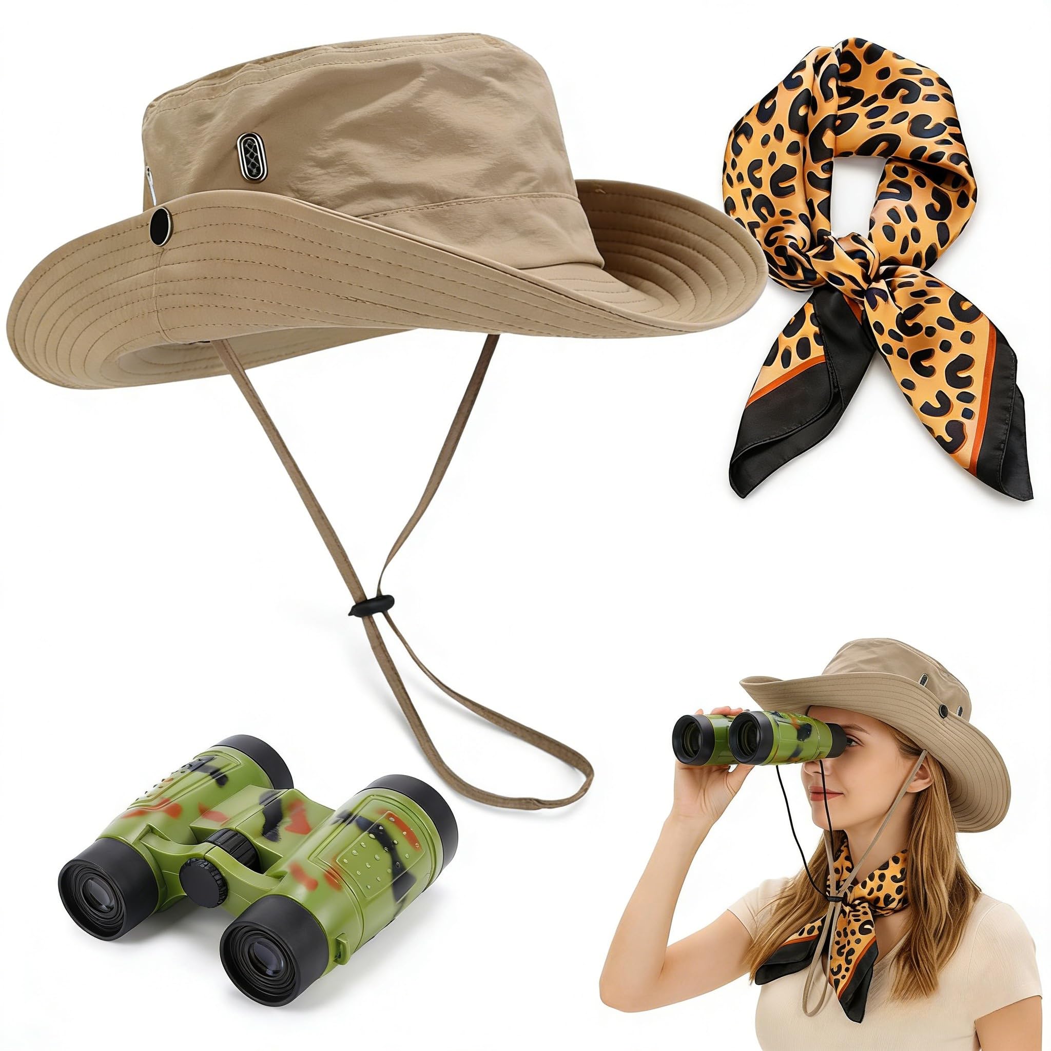 PORUPAEL 3 Pcs Safari Costume Accessories Set, Safari Hat Women, Zookeeper Costume With Leopard Print Scarf, Sunglasses, Binoculars, Safari Outfit for Halloween Cosplay