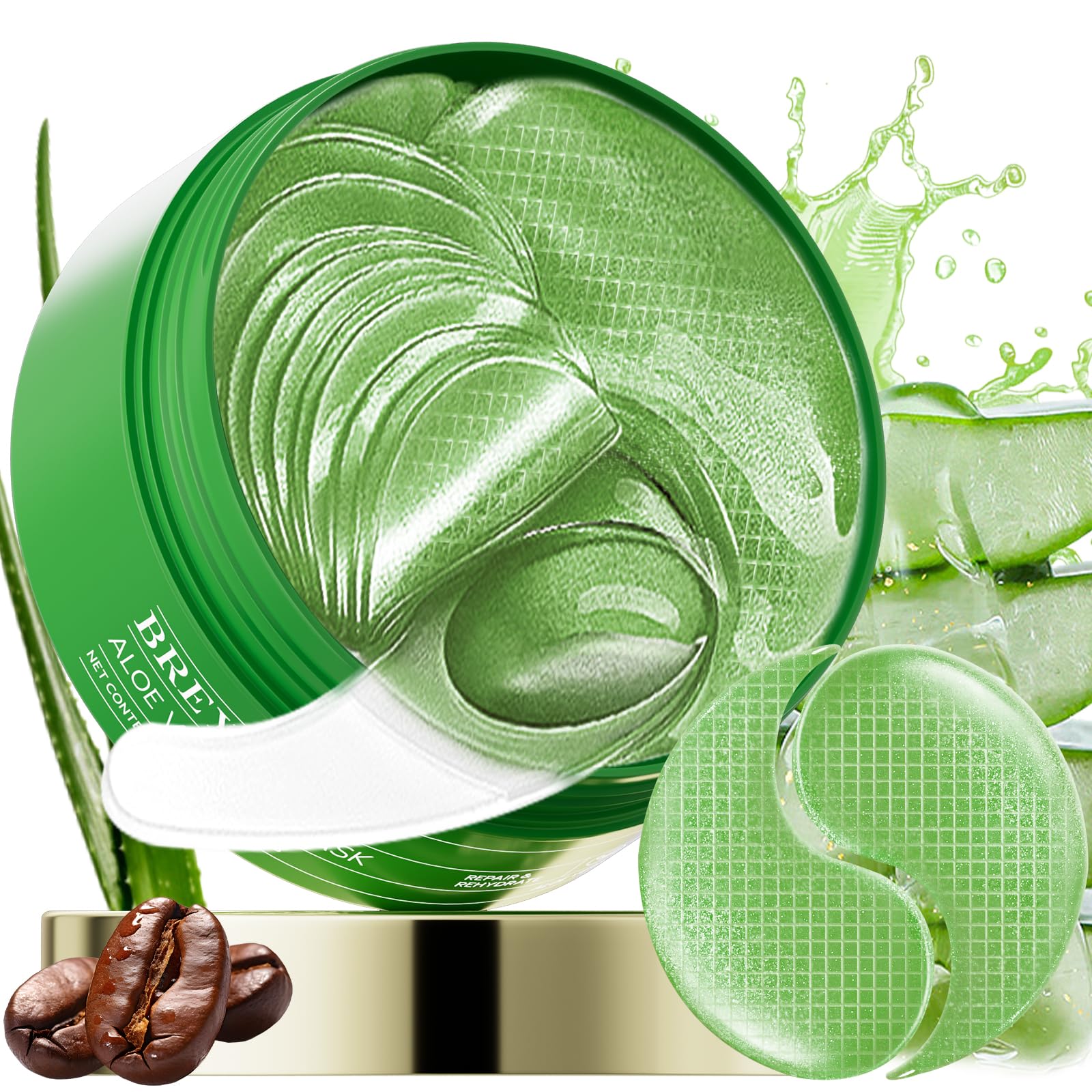BREYLEE Aloe Vera Augenmasken, Beruhigend & reparierend für geschwollene Augen und dunkle Augenringe - Reduziert Falten und feine Linien unter den Augen, strafft die Augenhaut, mit Koffein Niacinamid