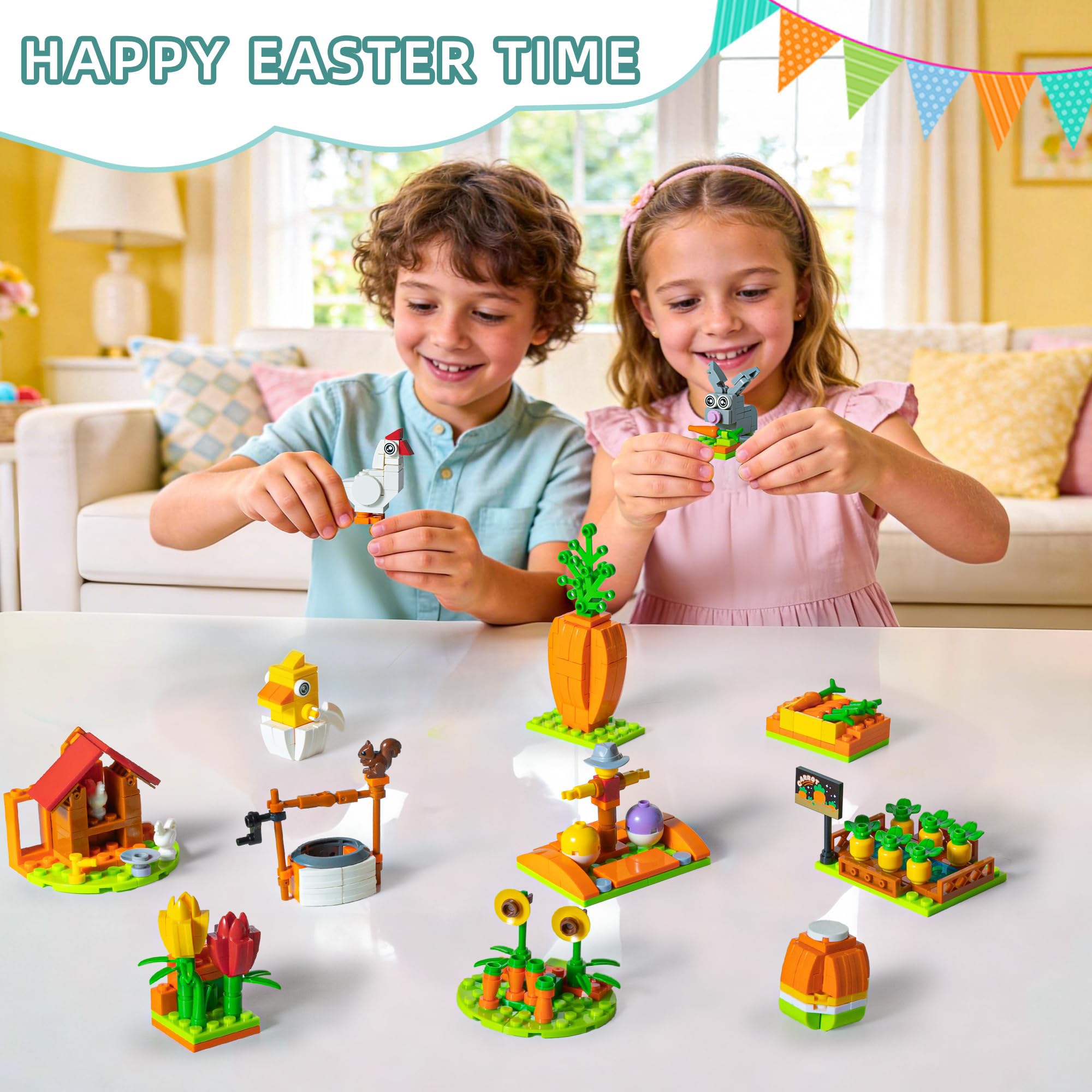 Prefilled Easter Eggs,Easter Gifts Building Set -12-in-1 Bunny Carrot House Building with Prefilled Eggs, Fun Basket Stuffer & Decorations for Kids Boys Girls — view 3