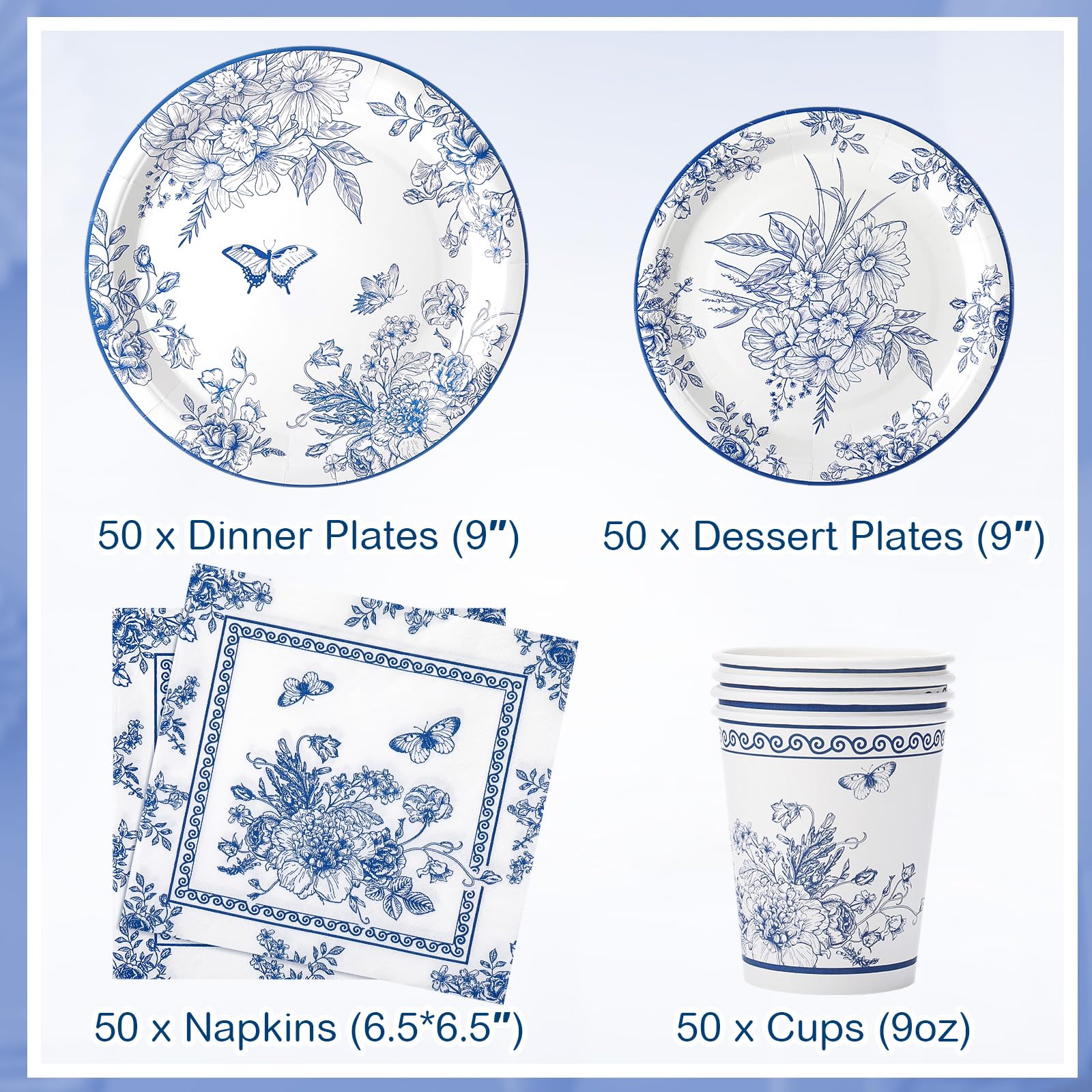 Pickmesh Juego de 250 piezas de vajilla desechable para fiesta floral azul, platos de papel y servilletas, vasos, suministros de fiesta de té, vajilla temática para cumpleaños, novia, baby shower