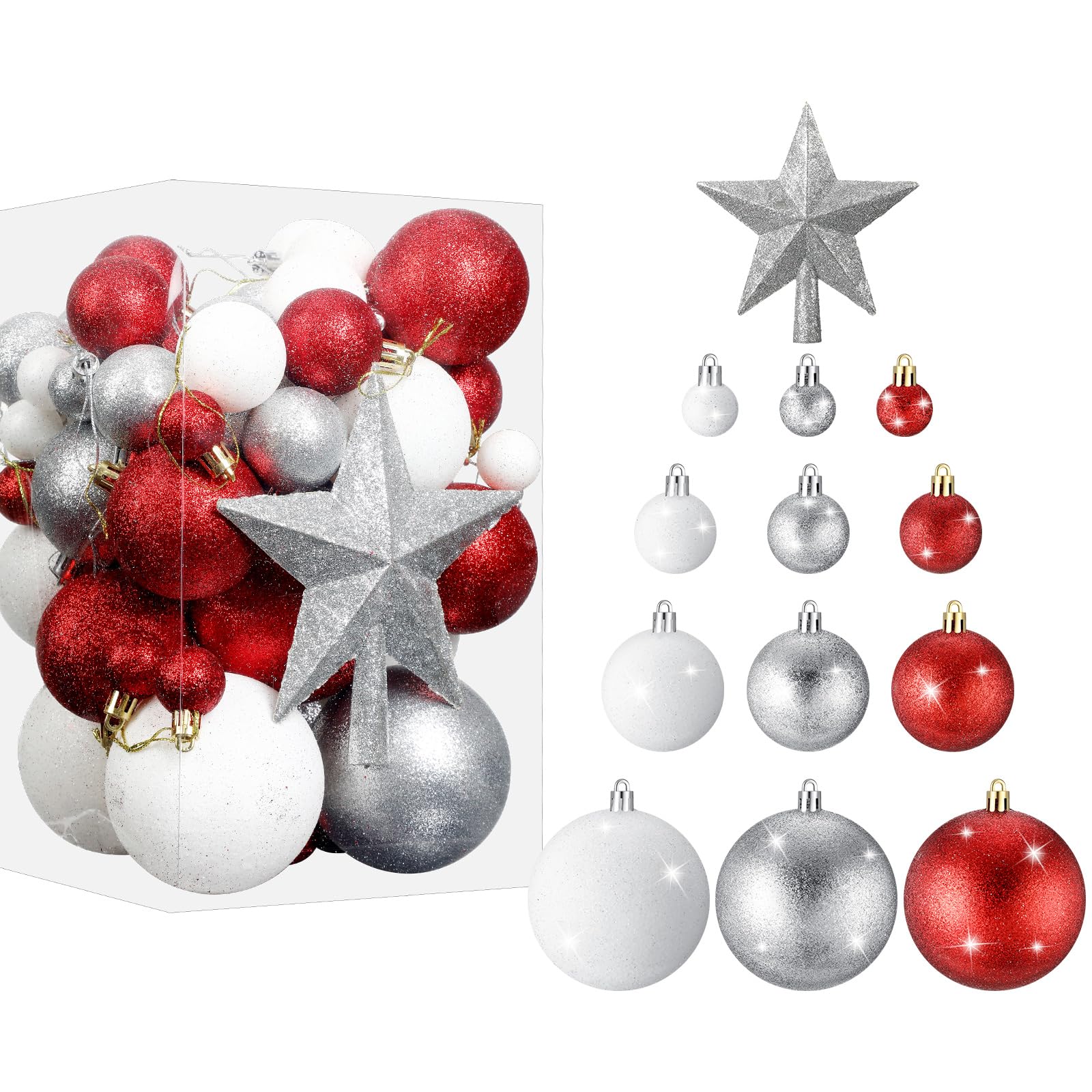 Outus Lot de 61 boules décoratives à paillettes incassables à suspendre pour sapin de Noël - 2,5 cm, 4,9 cm, 6,9 cm, 8 cm et étoile de sapin de Noël de 15,2 cm (rouge, blanc, argent)