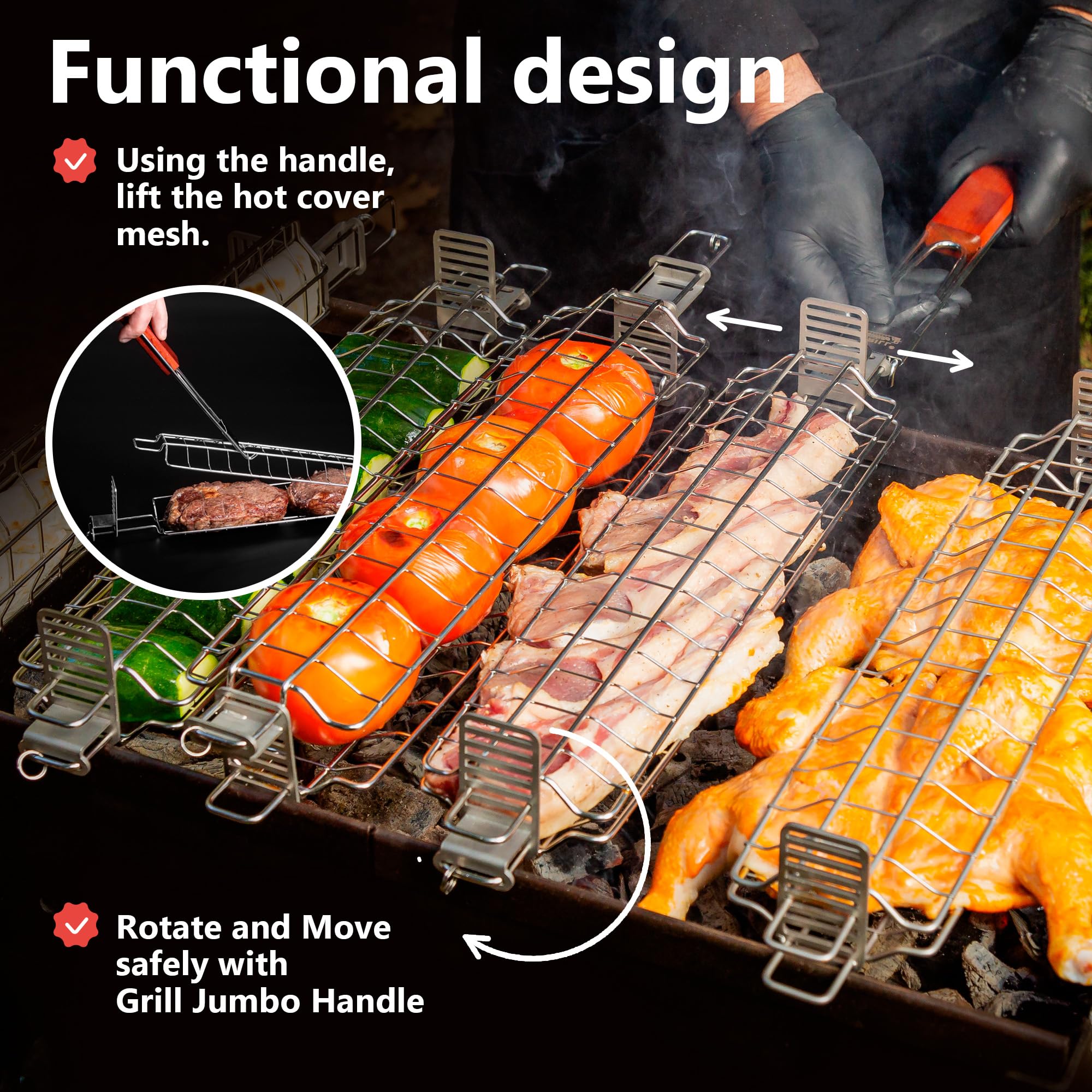 Basis-Set – 1 Verstellbarer Grillkorb mit Doppel-Gittereinsatz aus Edelstahl für Holzkohlegrill, Gasgrill, Tandoor, BBQ, Smoker – Für Innen- und Außenbereich (Geschenke für männer)