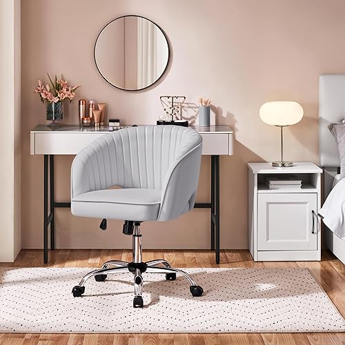 Miniatura 9 de Yaheetech Silla de oficina en casa, silla de escritorio de terciopelo, silla giratoria moderna tapizada con respaldo de barril copetudo, ruedas