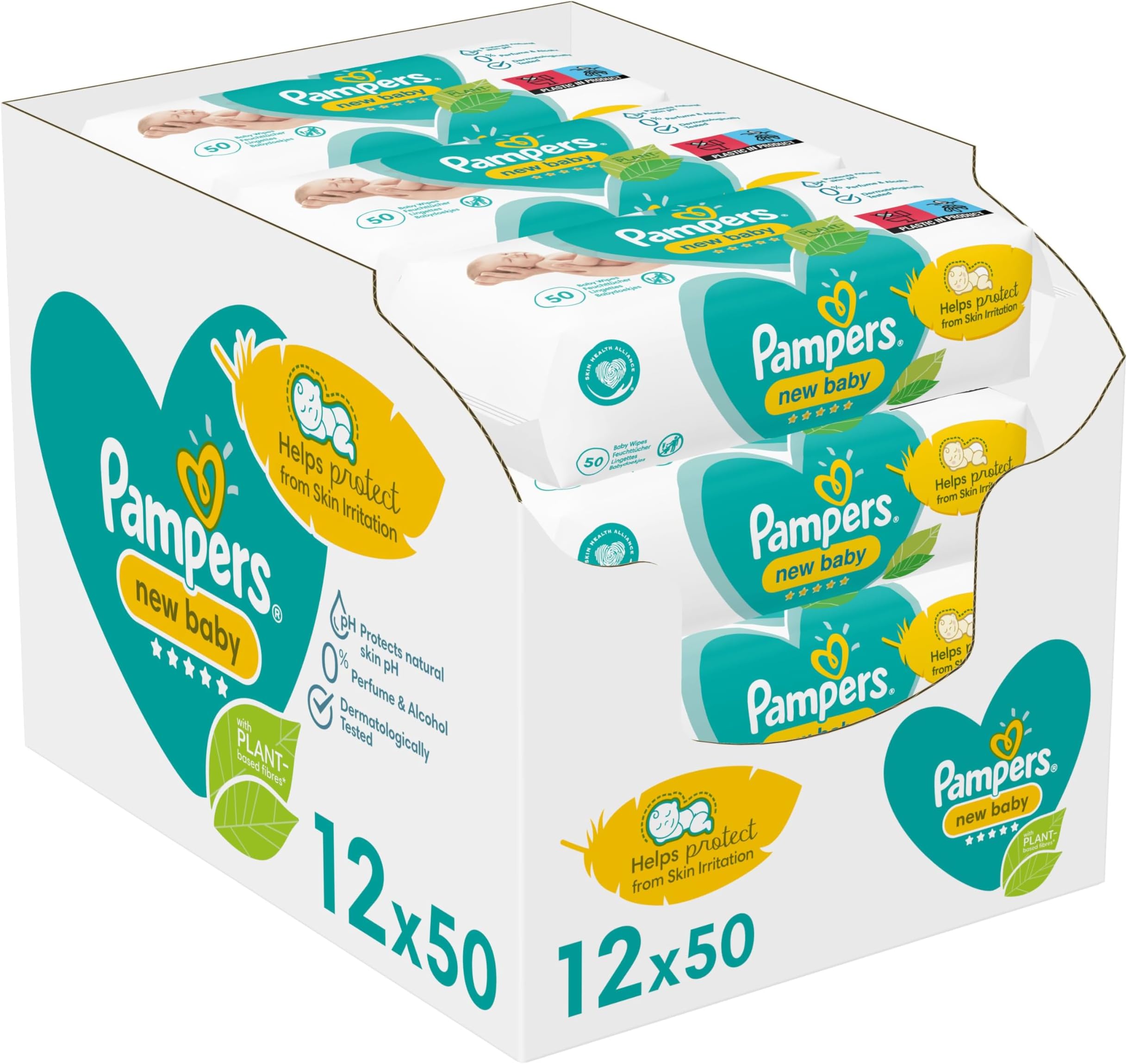 Pampers New Baby Wipes 12 Packs of 50 Wipes, 600 Baby Wet Wipes, Unscented, Helps Protect from Skin Irritation