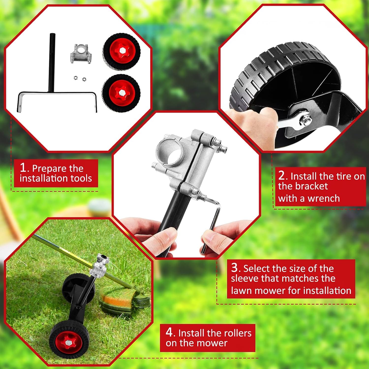 Roues de Support Ajustables pour Débroussailleuse à Fil, Pivot 180° et Contrôle Hauteur, Design Ergonomique Anti-Fatigue Bras, en PP et Métal, Plusieurs Tailles pour Arbres Droit