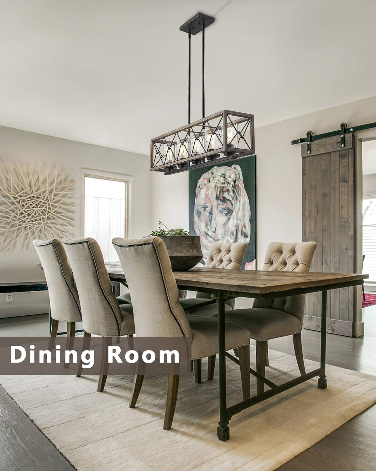 Limited Stock FEMILA 5-Light Kitchen Island Light, Farmhouse Linear Pendant Lighting Fixture with Clear Glass Lamplshade, Metal Frame, Antique Wood Grain Paint Finish, 4FY42-5 WB