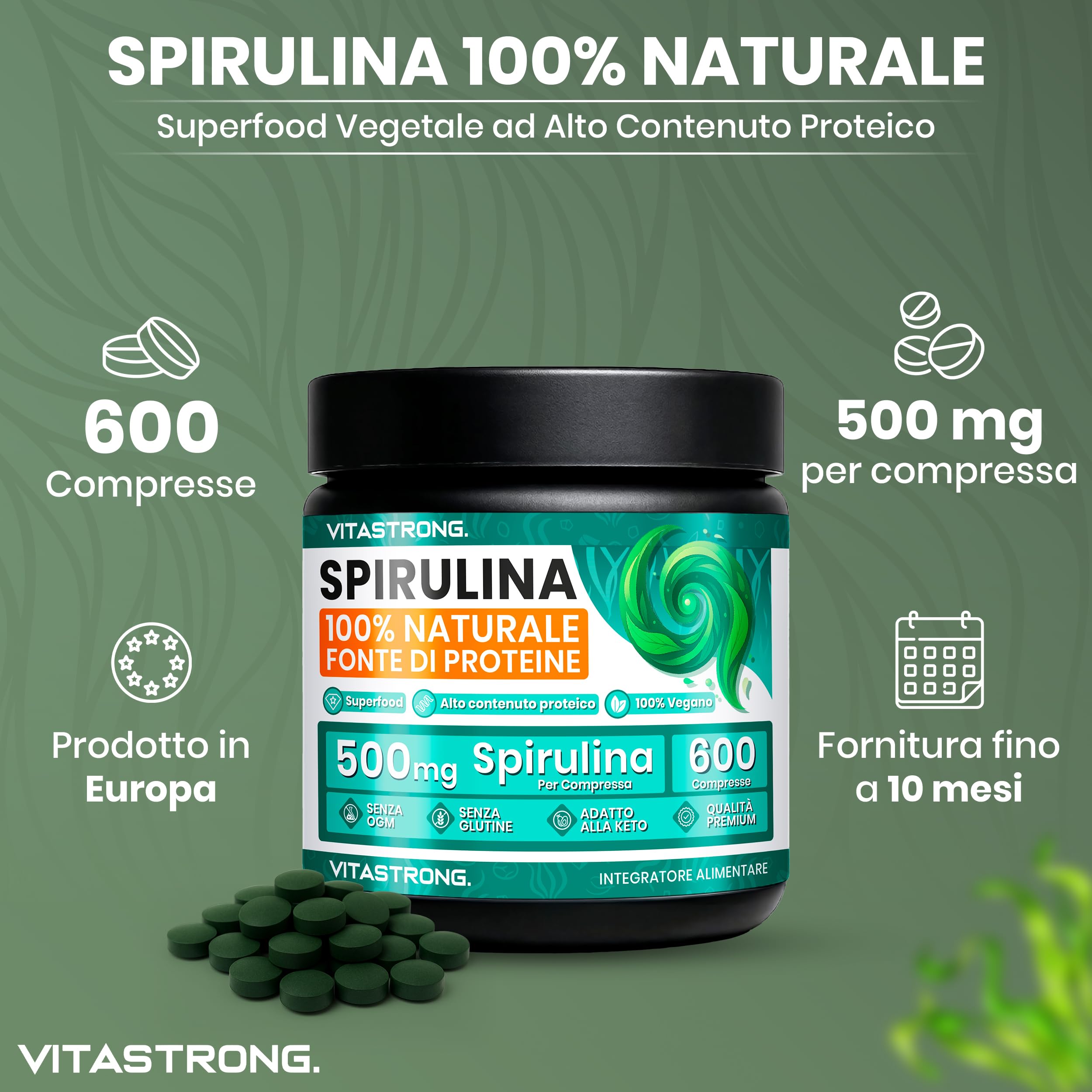 Spirulina Compresse Vitastrong, 3000mg per Dose, 600 Alga Spirulina Compresse 100% Vegan ad Alto Contenuto Proteico, Integratore Alimentare a Lunga Fornitura Senza Glutine né OGM, Qualità Premium