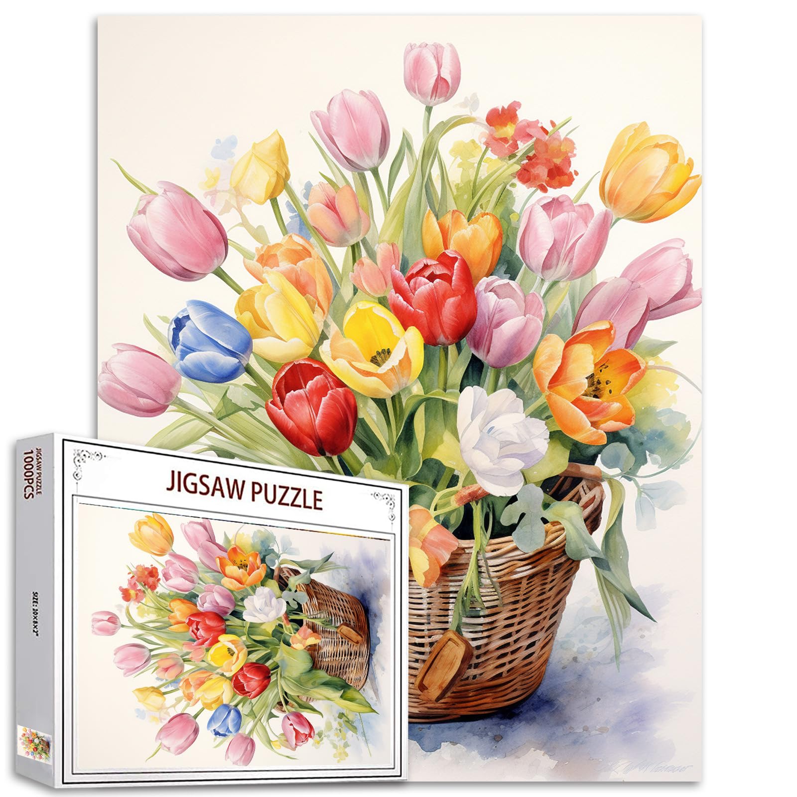 1000 Piece Jigsaw Puzzles for Adults Basket Filled with Colorful Tulips Painting Jigsaw Puzzle Flowers 1000 Pieces Puzzles Game Watercolor Style Floral Wall Decor DIY Craft Puzzle Tulips Flower Art — image 1