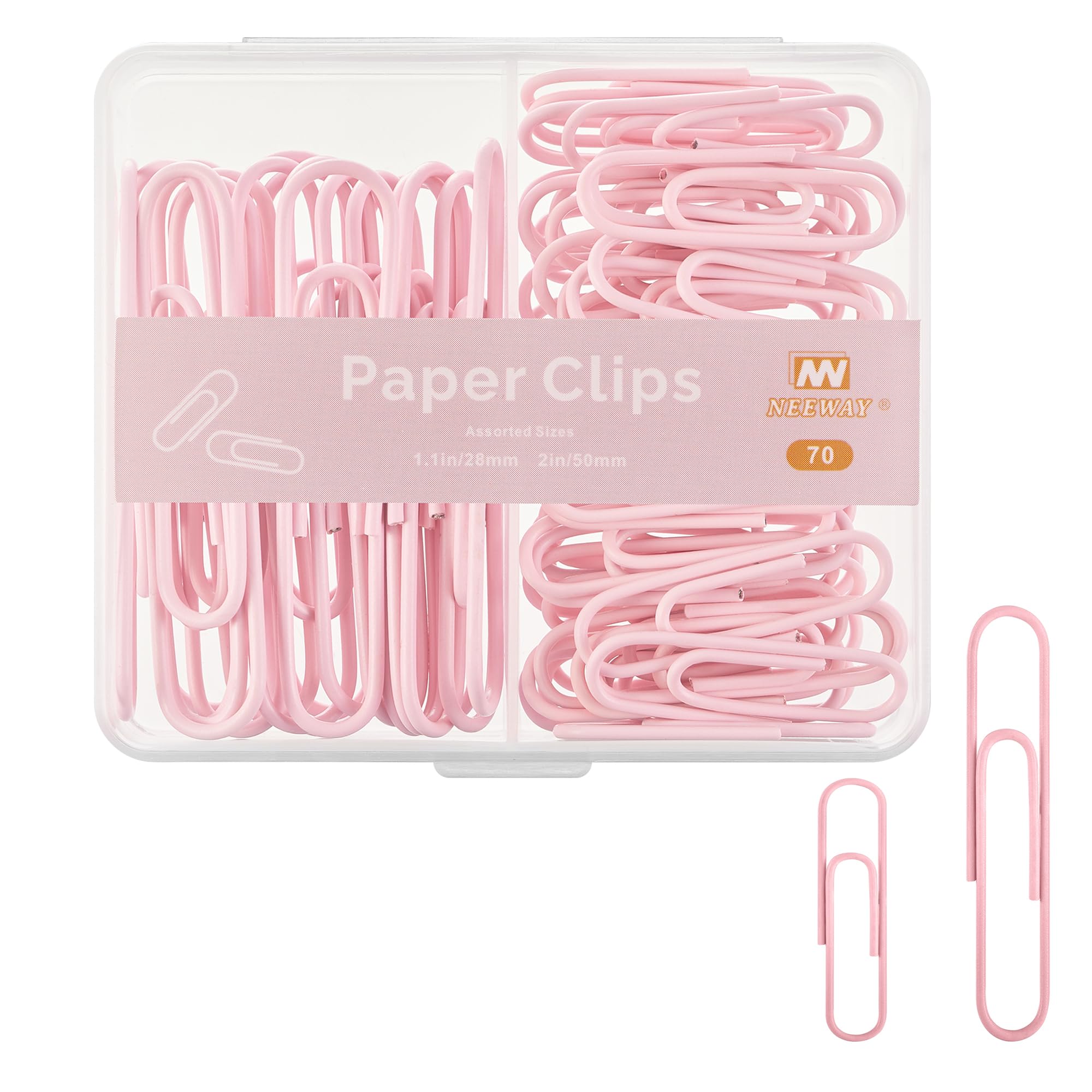 NEEWAY Colorful Paper Clips Assorted Sizes, Small and Large Paper Clips, 70 Count (Light Pink)