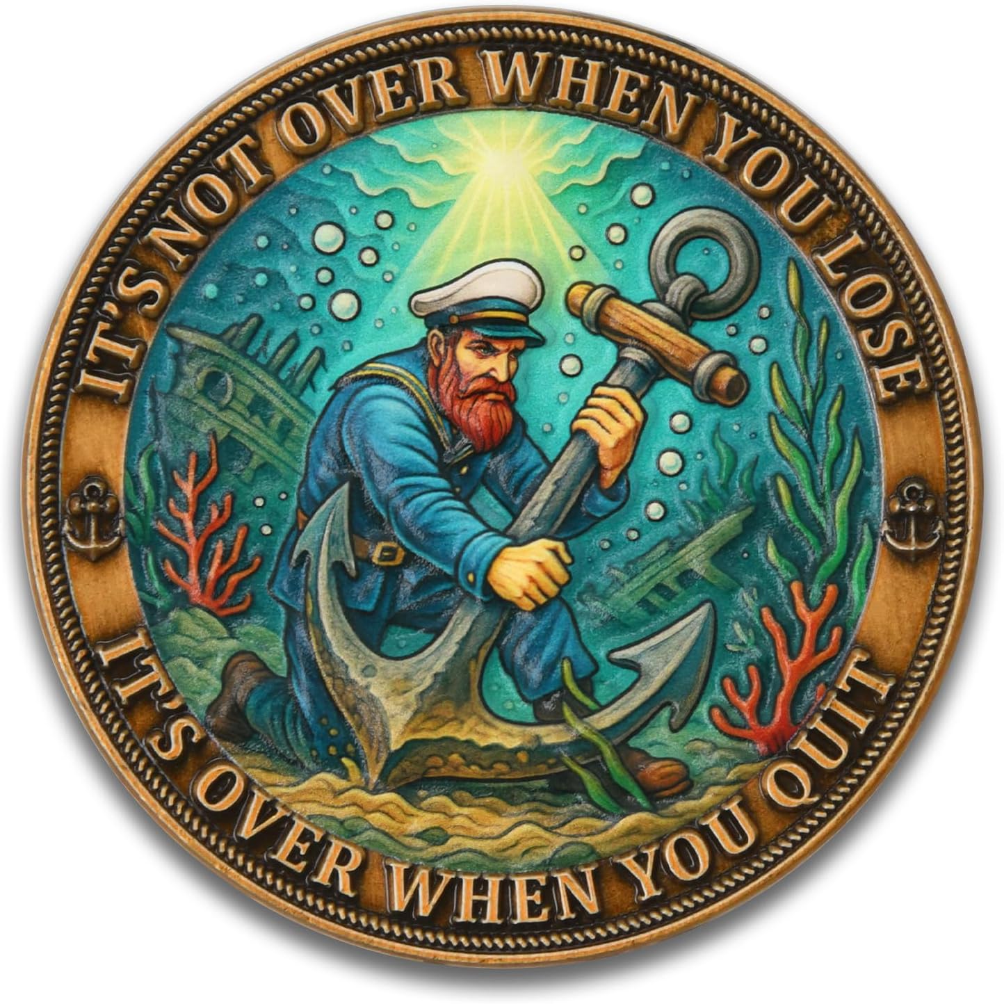 Nautical Challenge Coin with Sailing Ship & Anchor Design - Motivational Military Coin for Sailors, Veterans, Navy - Inspirational Quotes ‘Never Give Up’ - Zinc Alloy