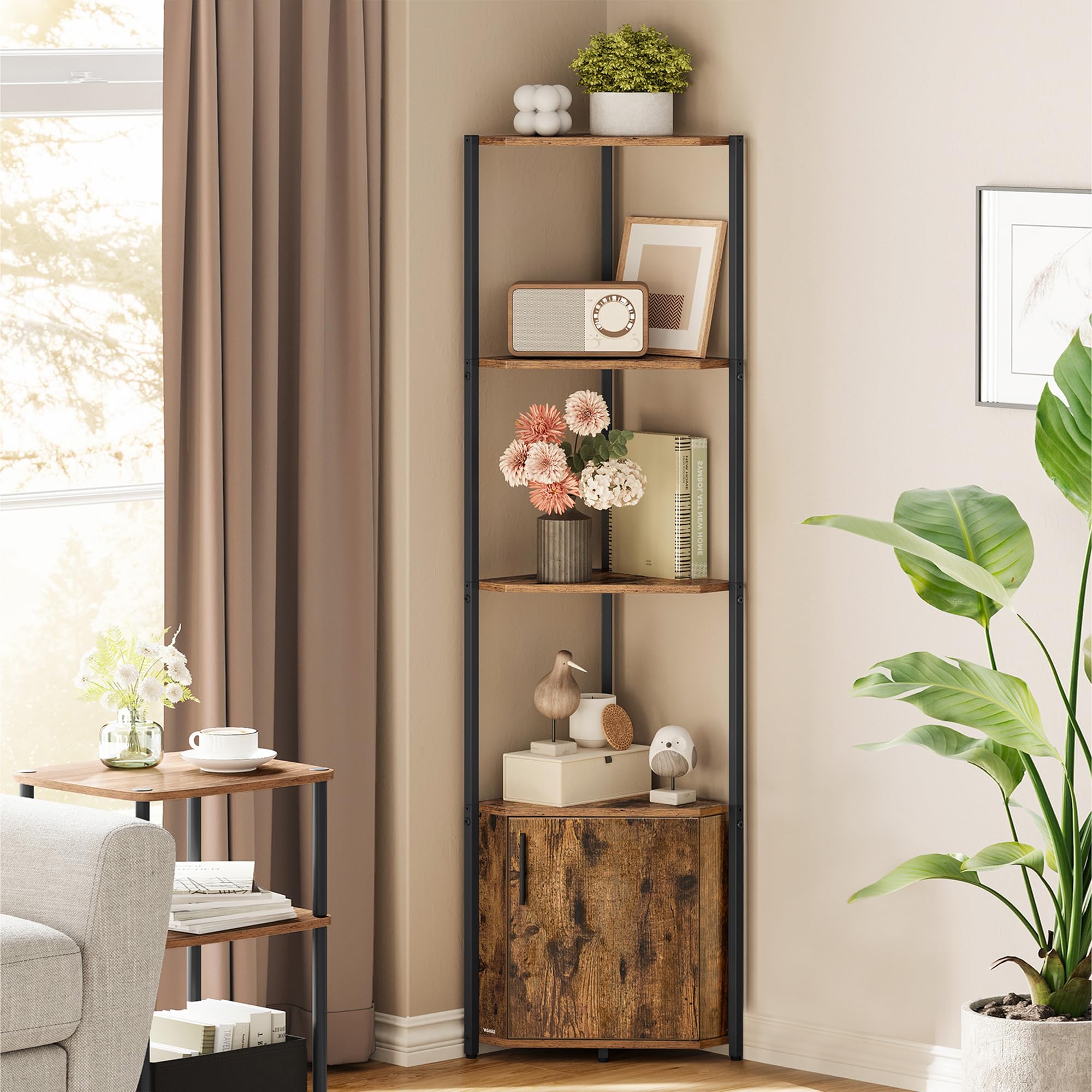 VASAGLE Étagère d’Angle, avec Placard, Meuble d’Angle à 5 Niveaux, Étagère de Rangement, pour Salon, Chambre, Cuisine, Salle de Bain, Marron Rustique et Noir d'encre LBC580K01
