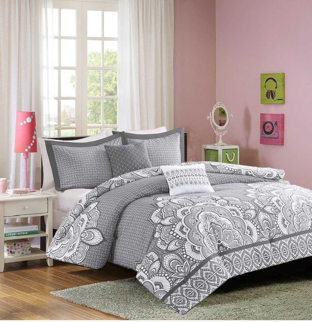 IDB Modern Teen Bedding Girls Comforter Set Grey White Medallion Design with Embroidered Pillows Perfect for Home or Dorm Includes Bonus Sleep Mask From Designer Home (Twin/Twin XL)