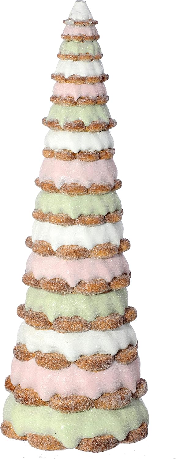 Regency International Resin Layered Gingerbread Icing Christmas Tree Figurine, 14 Inch Height, Pink and Green