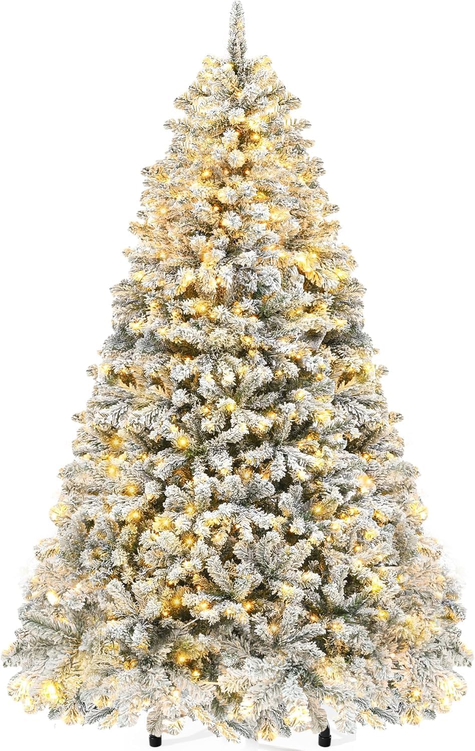NIBEMINENT Prelit Flocked Christmas Tree 7ft,Artificial Christmas Tree Real Pine Tree 210CM with 1100 Branches,Auto Hinged and Foldable Metal Stand,Easy Assembly,for Home and Office(Pre-lit 7FT/210CM)