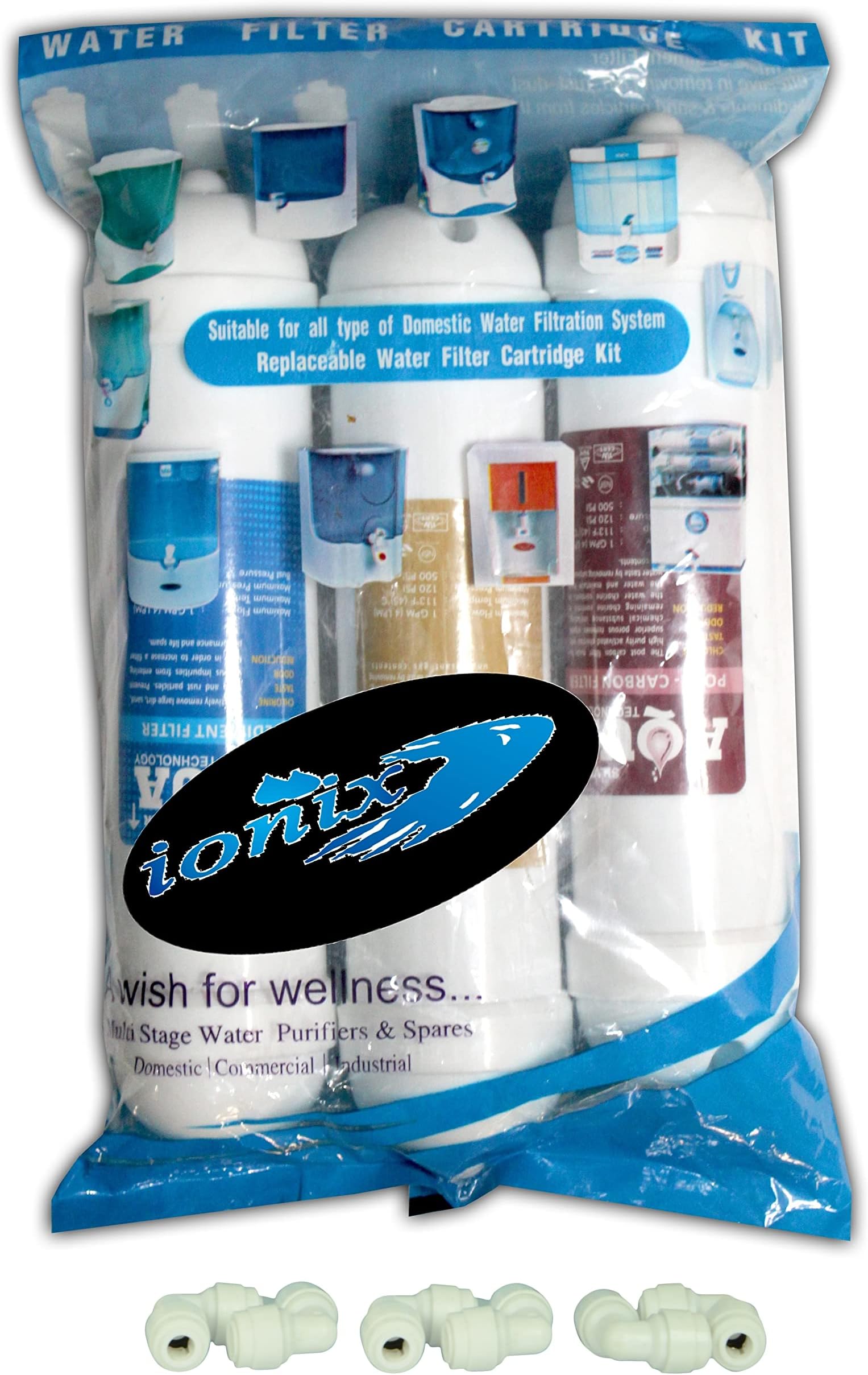 IONIX Inline Filter Set , Pack of 3 Filter Inline Pre carbon , Post carbon filter & sediment filter for water purifier with connectos , 3 pieces , white